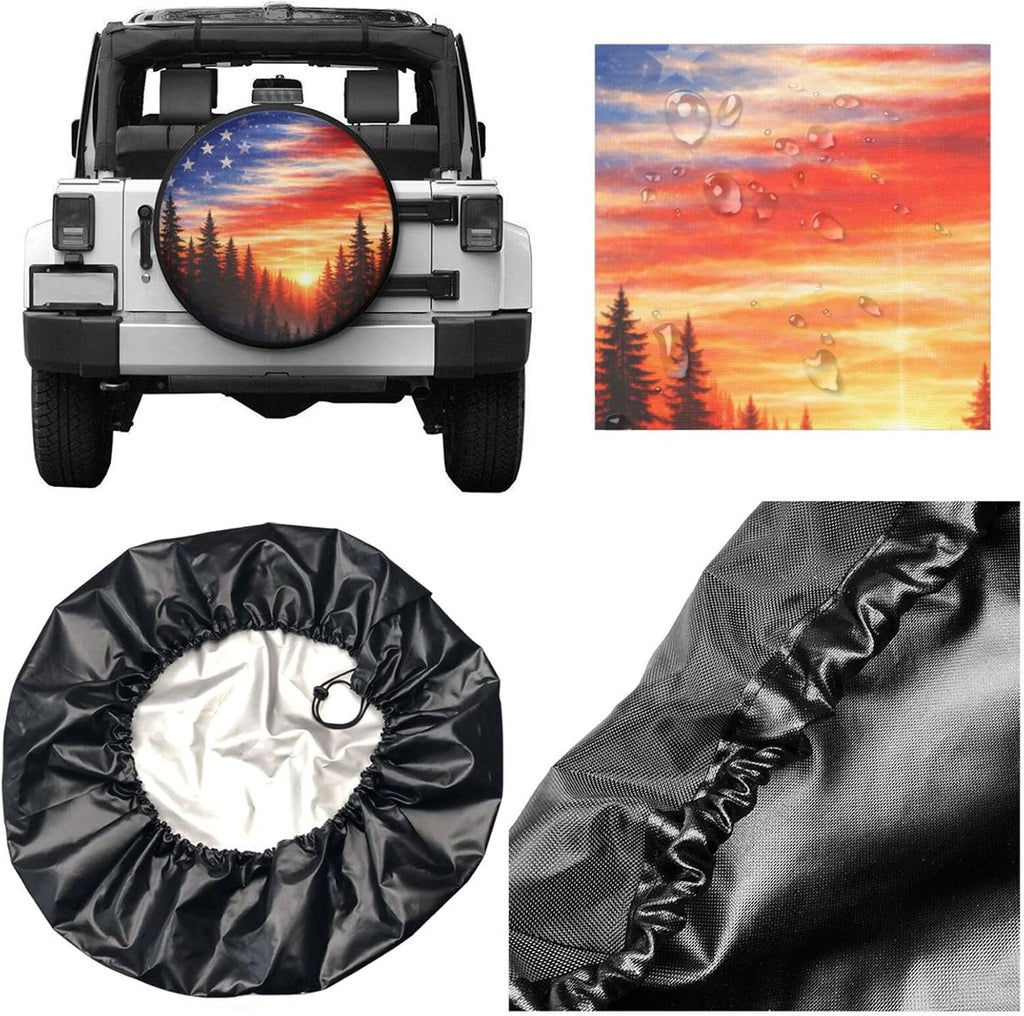 Spare Tire Cover，American Flag Sunset Fores Camper Spare Tire Cover Waterproof Sun Protection for Jeep Trailer Camper RV SUV Wheel Covers (American Flag Sunset Fores, 15 inch)