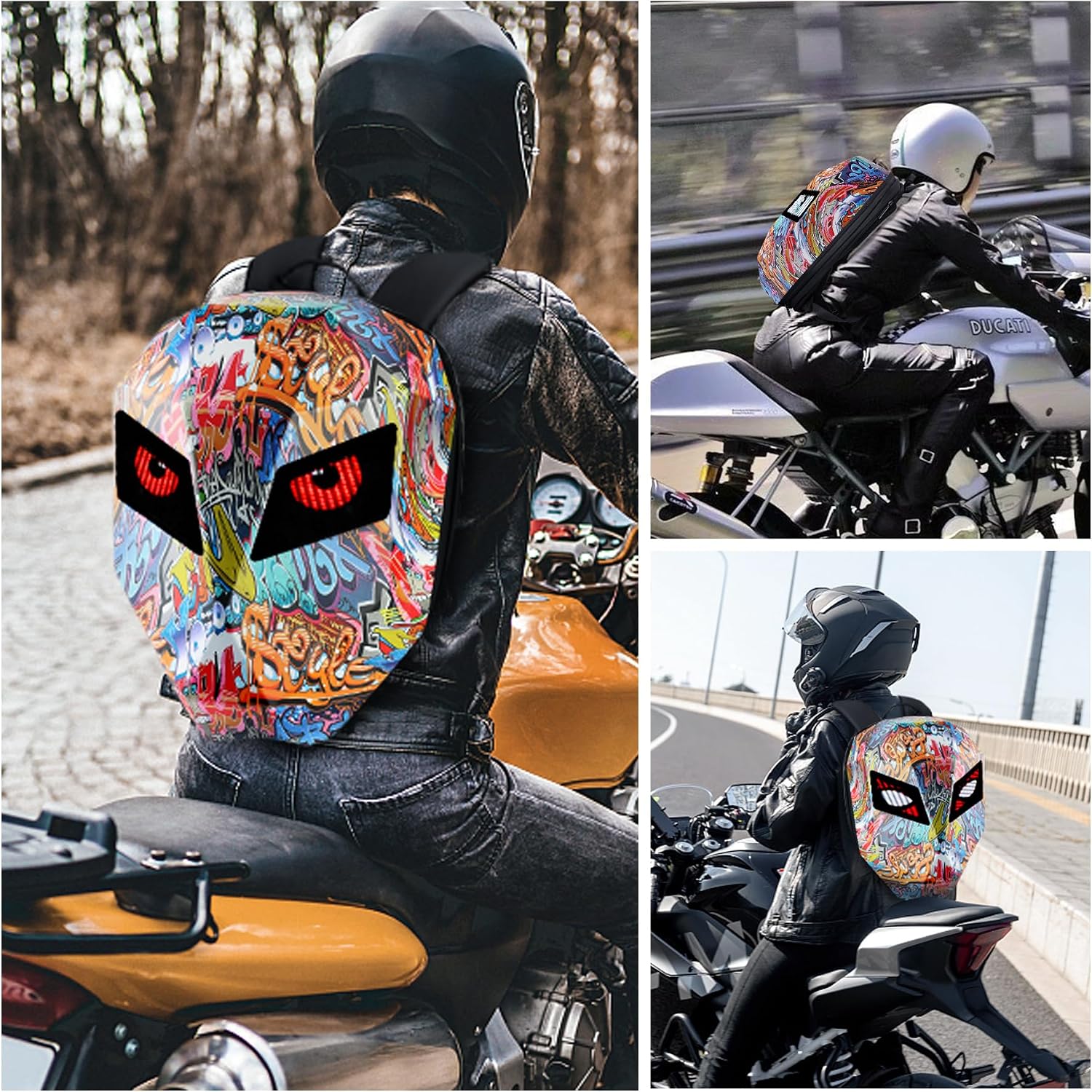 Motorcycle Backpacks for Men, LED Motorcycle Backpack With Full Color Screen, Large Capacity Laptop Backpack, Hard Shell Waterproof Helmet Bag (Graffiti)