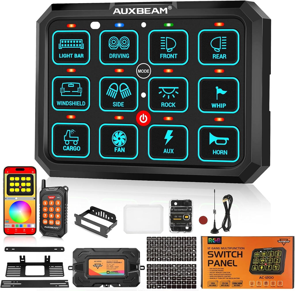 Auxbeam RGB 12 Gang Bluetooth Switch Panel AC-1200 w/165FT Long Range 433MHz