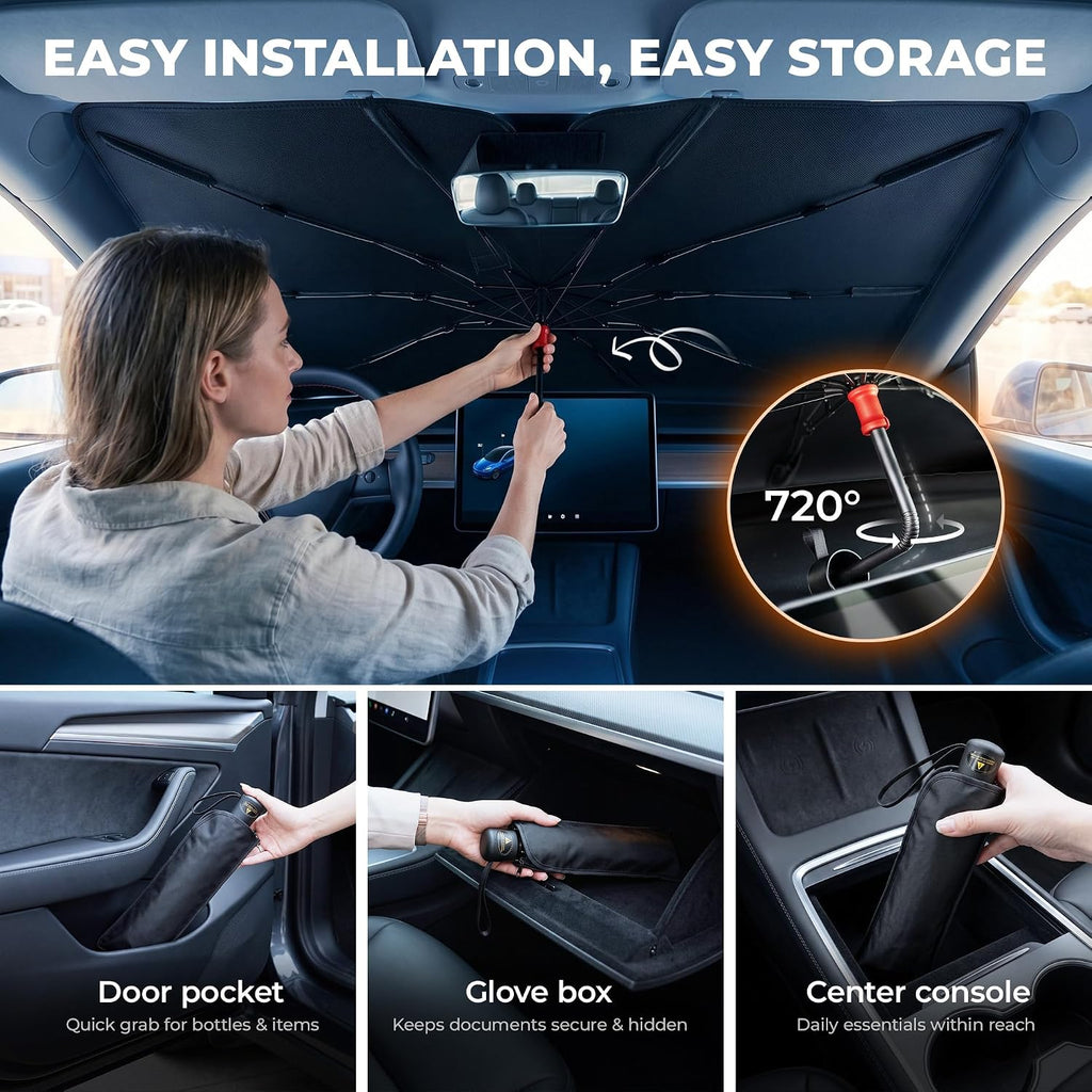 DMJN Umbrella Windshield Sun Shade for Car & SUV, Car Sunshade for Front Windshield [Nano Ice-Crystal Coatings] UPF50+ Heat & UV Block, Protect Interior & Keep Cooler Universal for Most of Sedan & SUV