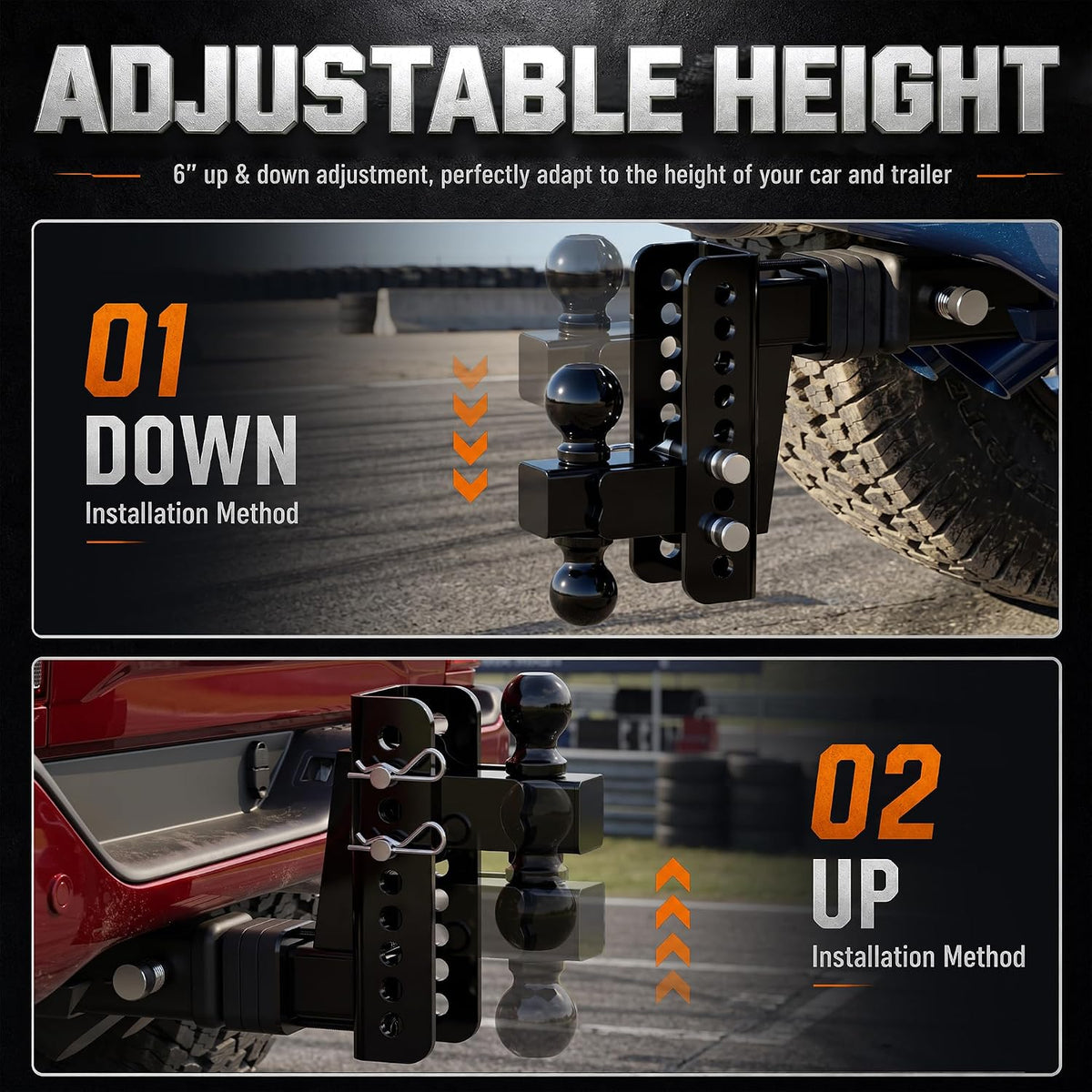 adjustable trailer hitch, fit 2 in receiver, 6, close-up detail