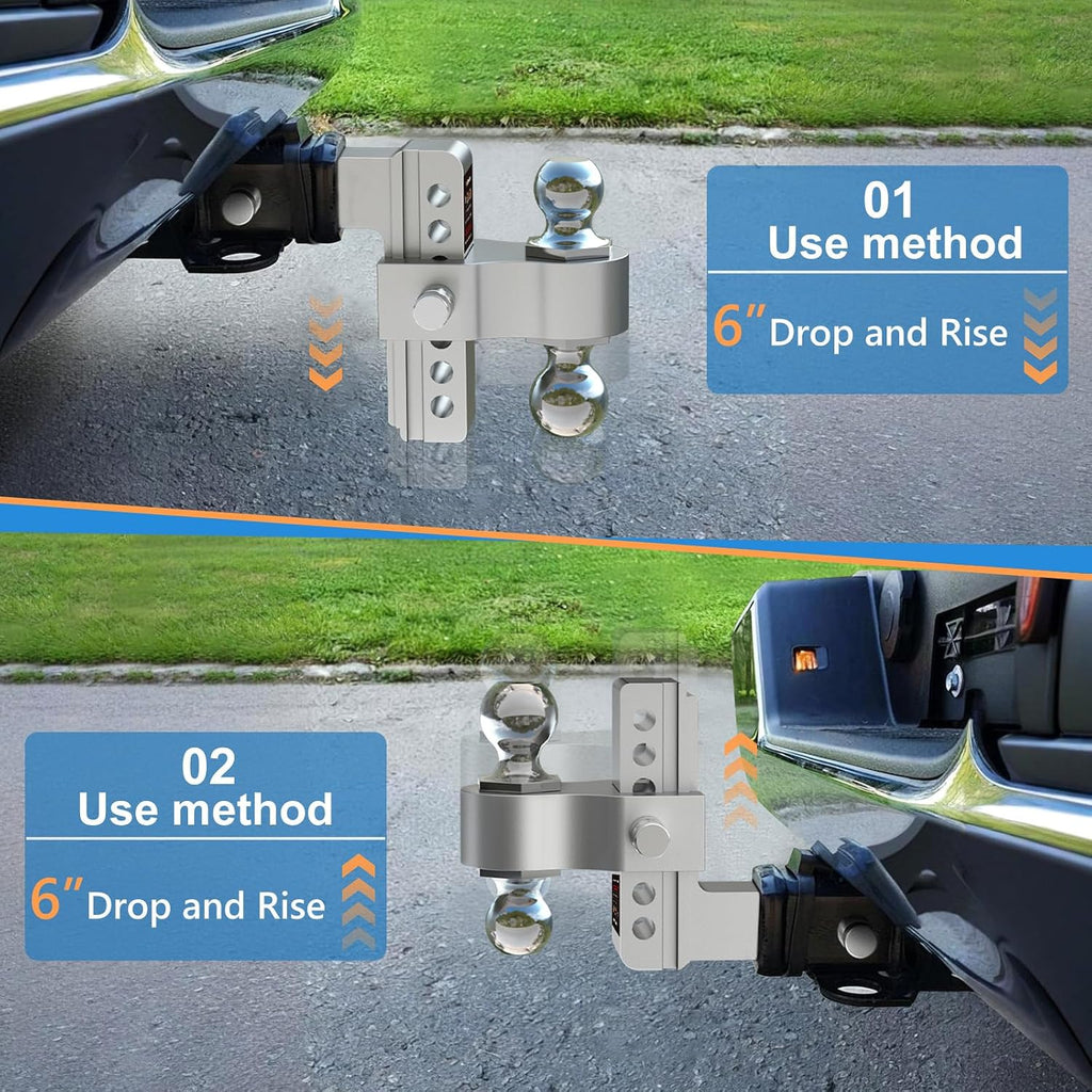 Adjustable Trailer Hitch-Drop Hitch for 2 inch Receiver, 6 Inch Drop/Rise, 2" & 2-5/16" Ball Hitches 12,500 LBS GTW, Aluminum Truck Hitches with Two Anti-Theft Pins Locks