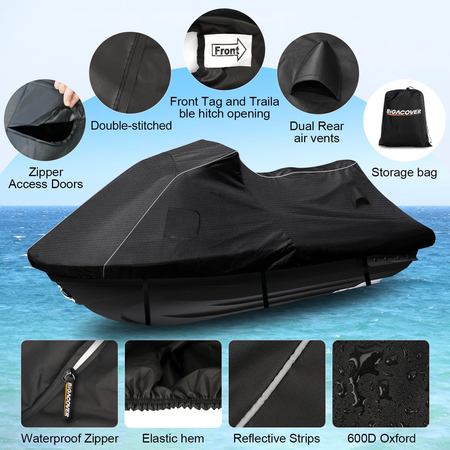 Waterproof Jet Ski Cover for Yamaha 2019-2025 FX SVHO/FX HO OEM Model | 600D Oxford UV-Proof Jetski Waverunner Covers, Trailerable Jetski Cover with Air Vents, Reflective Strips
