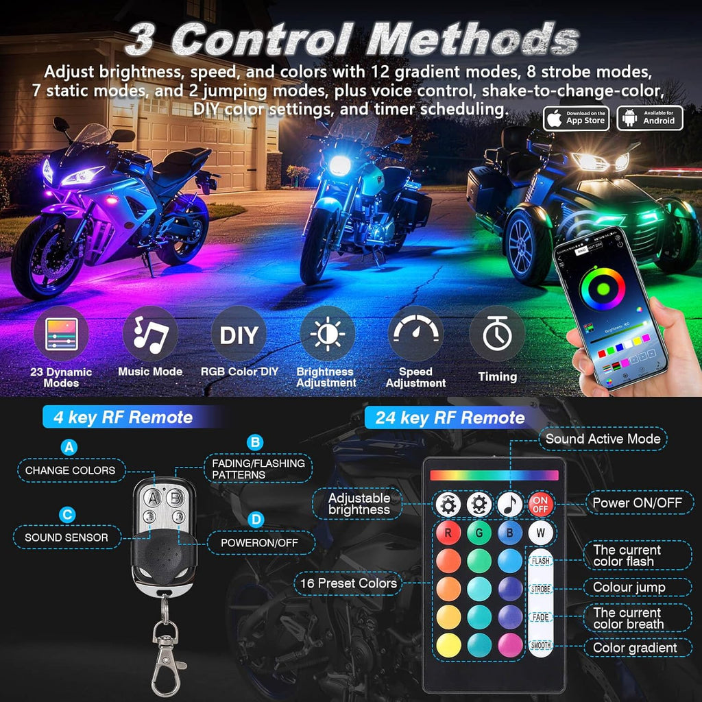 12PCS Motorcycle RGB LED Light Kit with Brake Turn Signal, Underglow Lights with APP/RF Remote,Neon Accent Light MultiColor Dual Zone Waterproof 12V for Sport Bike, Cruiser, Street&Off-Road Motorcycle