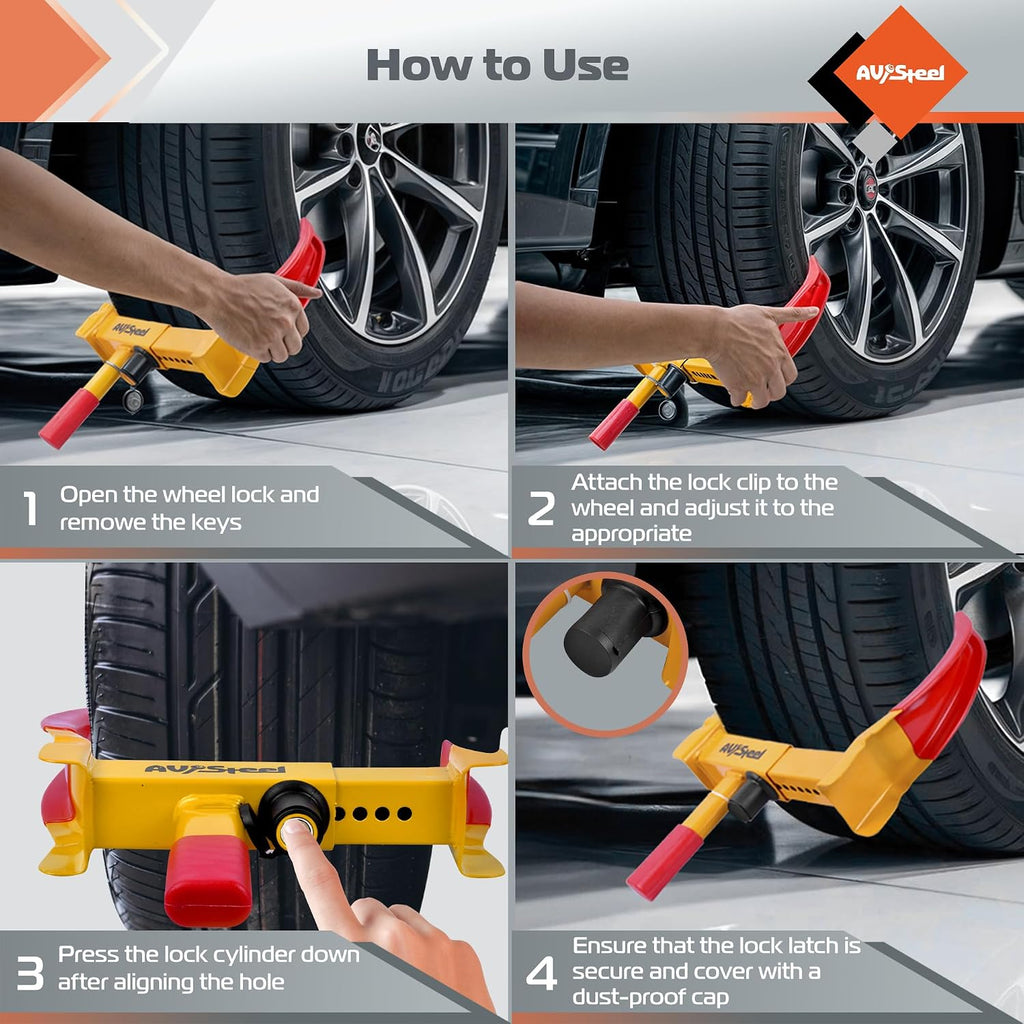 AV Steel 2pcs Universal Wheel Lock for Car, Clamp Heavy Duty Trailer Wheel Lock, Adjustable Car Theft Prevention Device Tire Lock with 6 Keys for Car, ATV, SUV, RV, Motorcycle, Golf Cart, and Boat