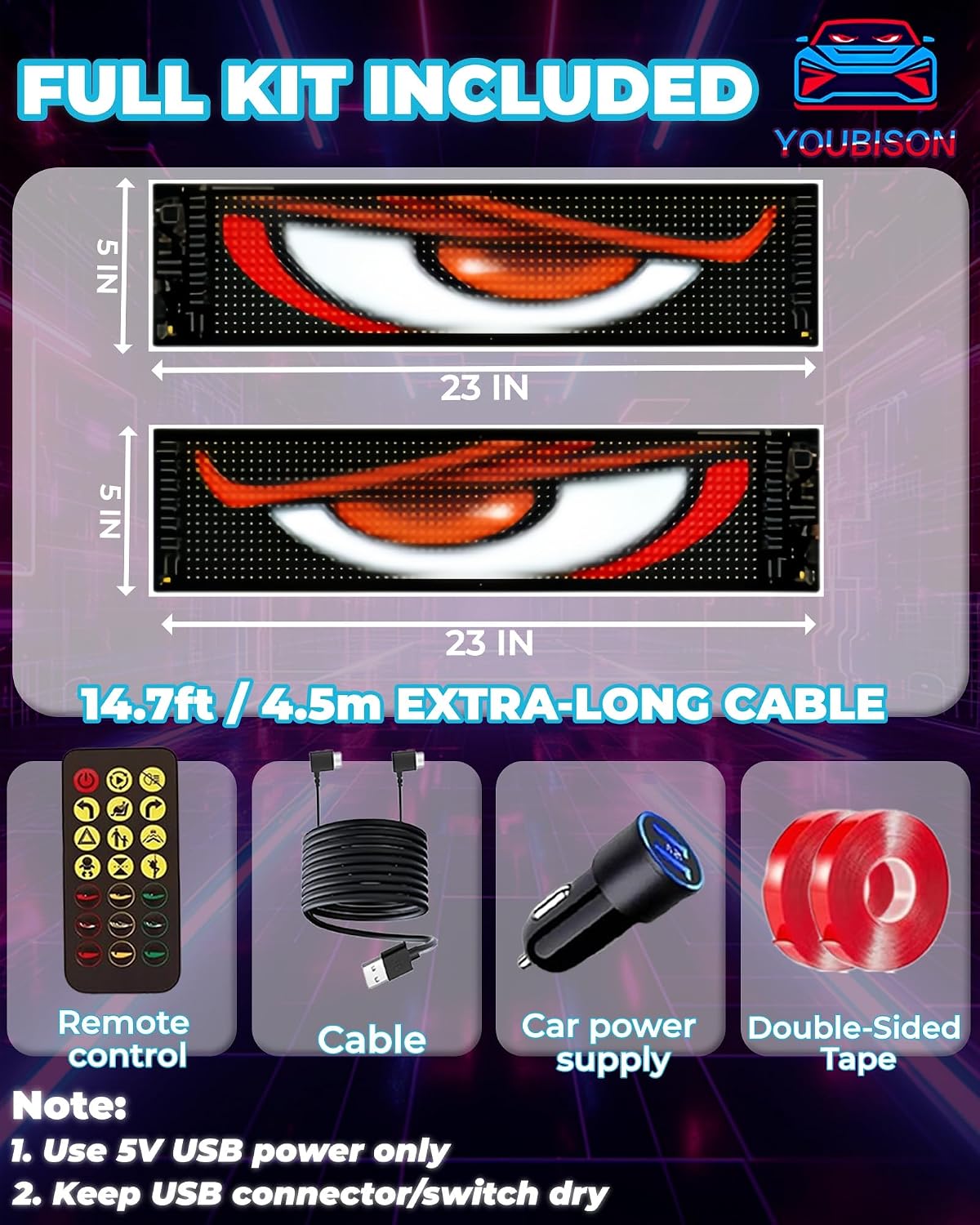 2PCS 23"x5" Devil Eyes Light for Windshield – Dual Screen Sync, LED Eyes for Cars/Trucks/SUVs/RV, App Controlled Animated Windshield LED with Custom Text & Graphics