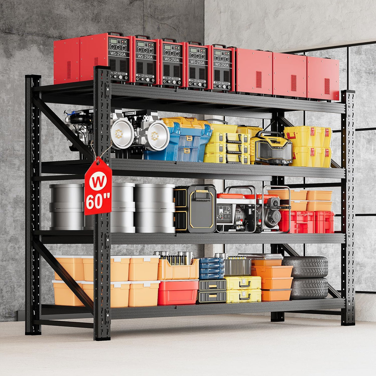 miiiko 60" w storage shelves,5000lbs metal garage storage shown in use