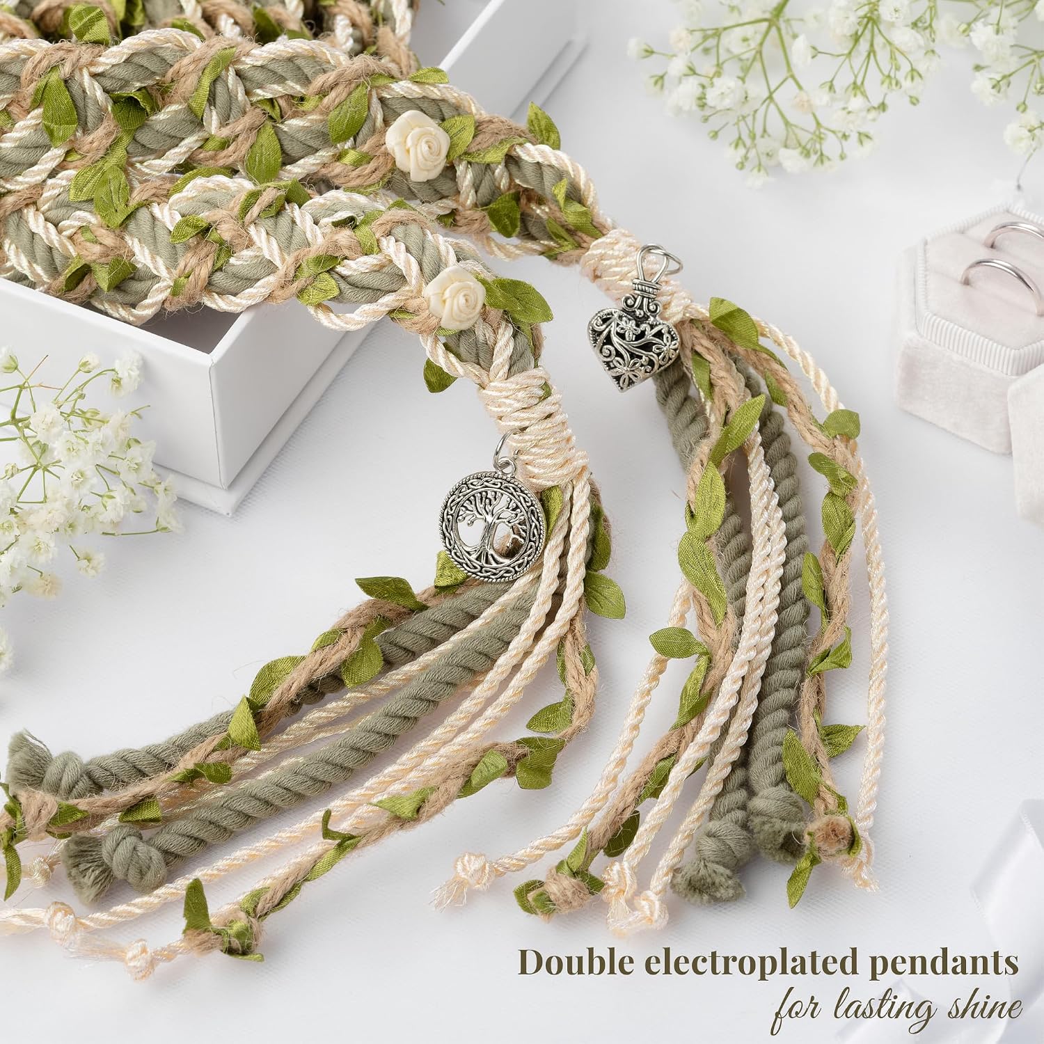 Handmade Celtic Wedding Handfasting Cord - Sage Green Braided Ceremony Rope - Double Electroplated Pendants - Heirloom Keepsake in Gift Box