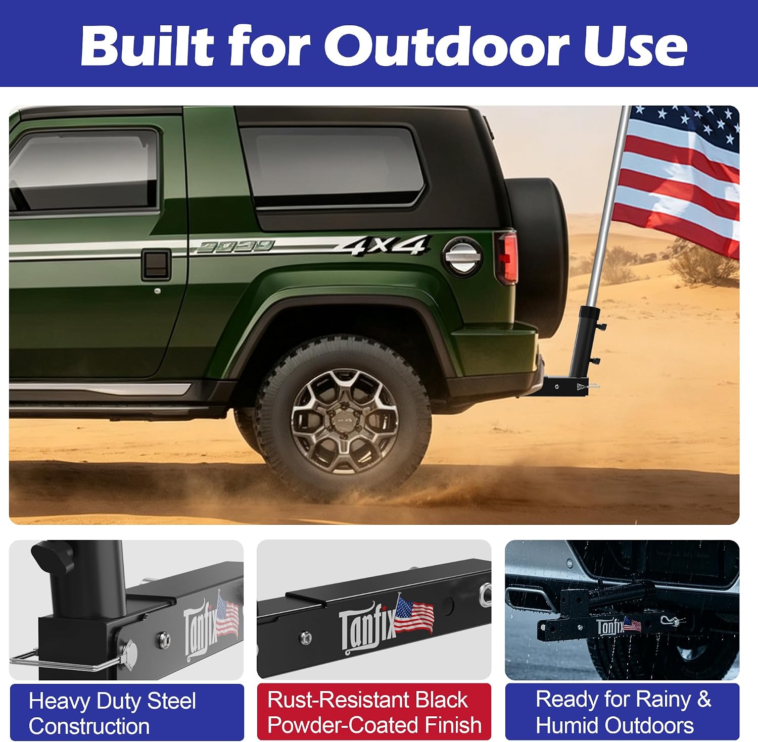 Foldable Hitch Mount Flagpole Holder | All Metal Heavy- Duty, Fits Standard 2" Trailer Hitch, Compatible with Jeep, Truck, SUV, RV, Pickup, Camper Trailer (ONE Flagpole)