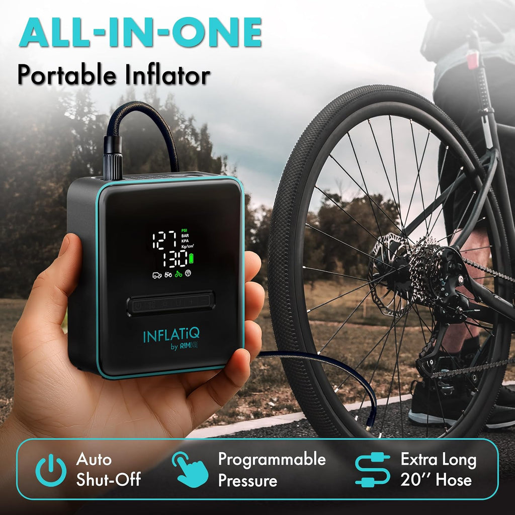 INFLATiQ by RIMiQ Portable Tire Inflator Air Compressor – Twice as Fast QwikFlow Technology with Auto Shut-Off – 11.1V Rechargeable Air Pump with Metal Gears and Premium Carry Case