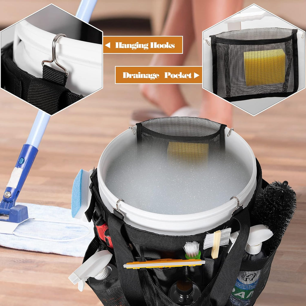HODRANT 5 Gallon Bucket Organizer with Anti-fall Hooks & Buckle, Car Wash Bucket Caddy with Mesh Pockets, 5 Gallon Cleaning Tools Bag for Home, Auto, Garden & Fishing