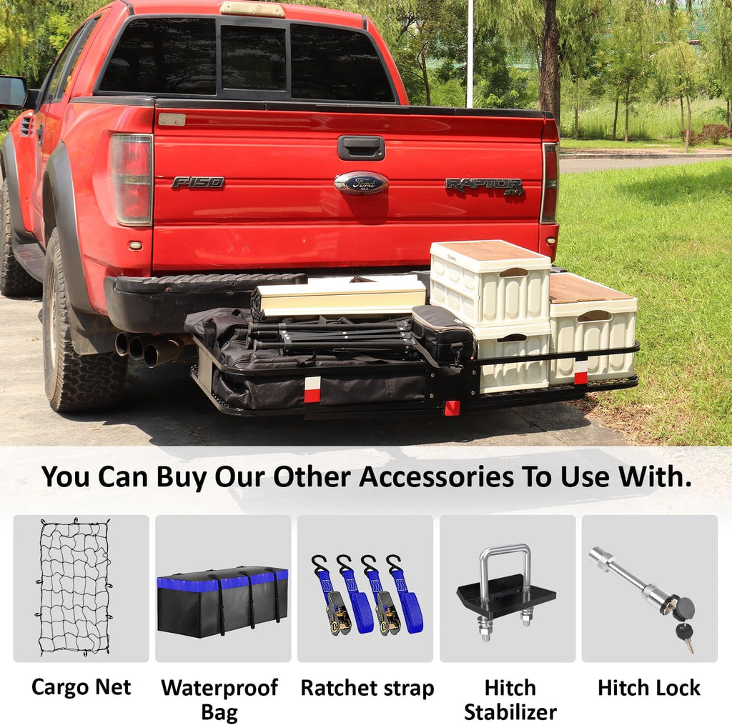 FORWODE 60x20x6 Hitch Cargo Carrier for 2 Inch Receiver, 500LB Capacity Hitch Mount Cargo Rack Carrier, Folding Hitch Cargo Basket with Antirust Coat