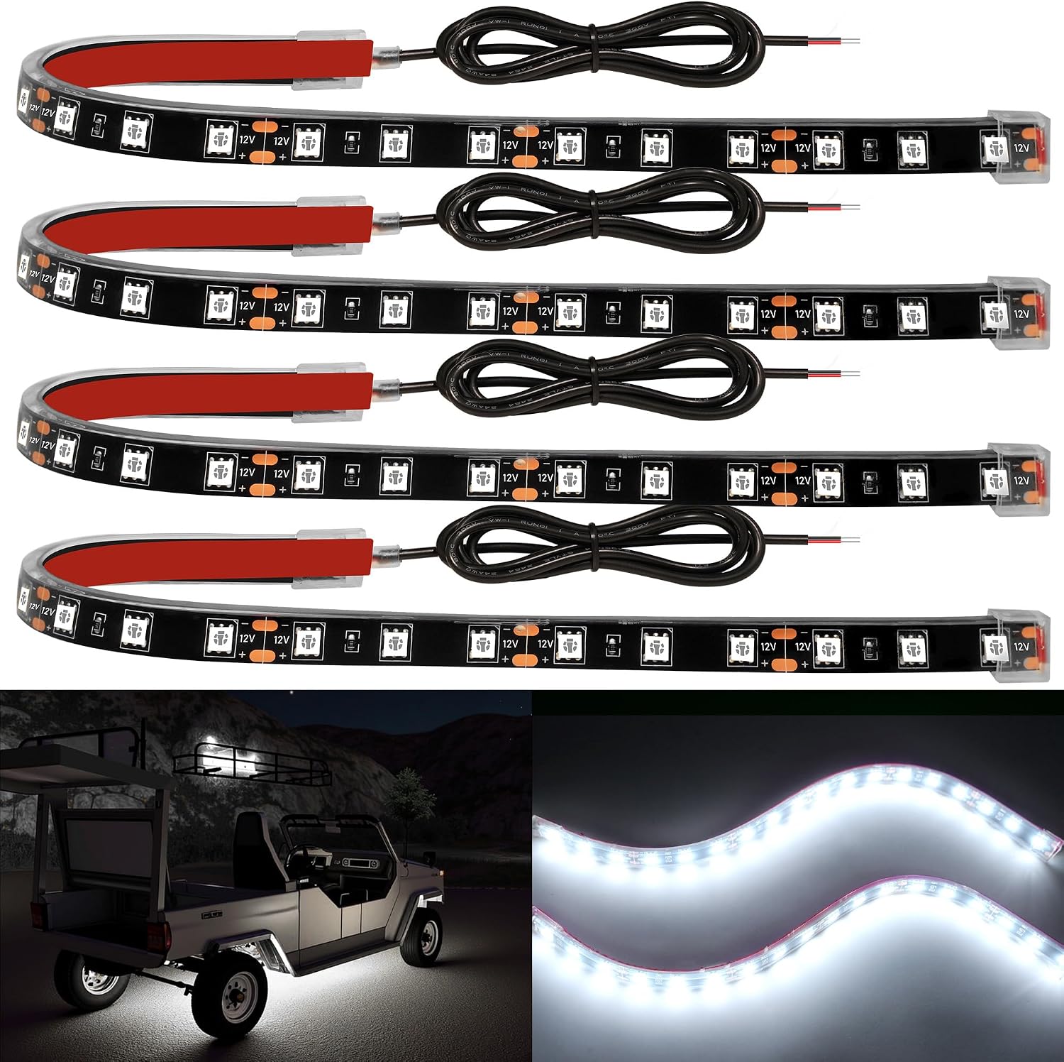 YM E-Bright Underglow LED Strip Light IP68 Waterproof 4 Pcs 12inch White | 18 SMD LED chips, DC12V low voltage, fit car, motorcycle, truck, golf cart, boat, ATV,interior & exterior decoration lighting