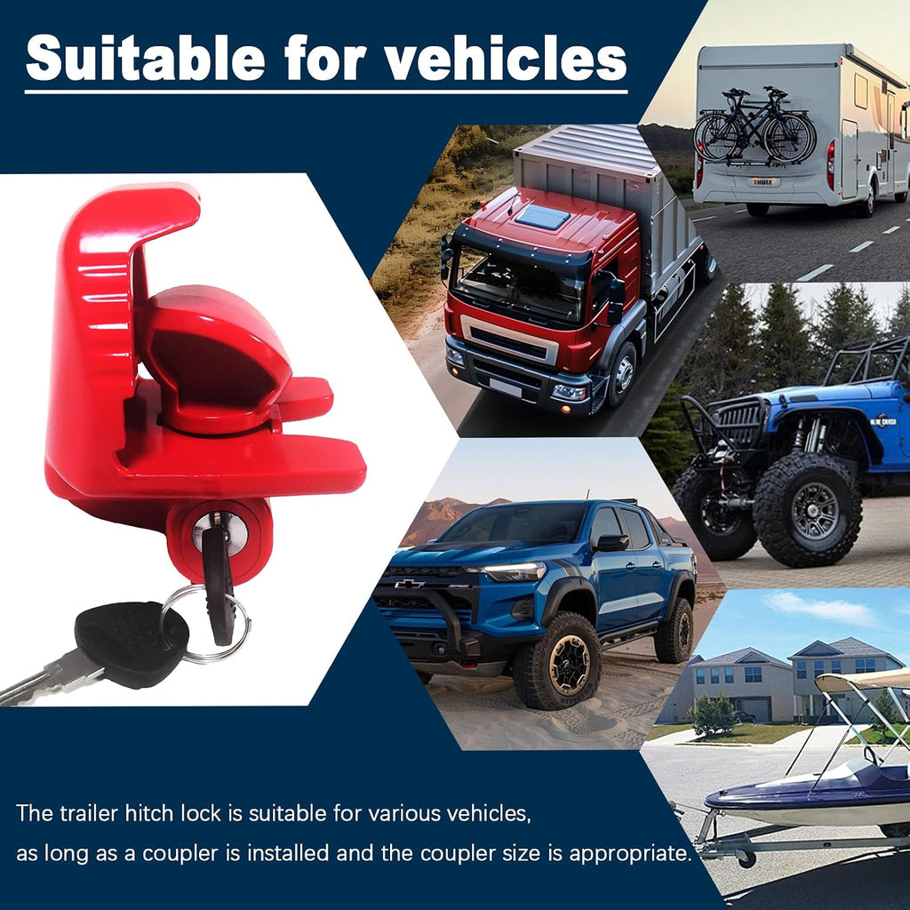 Trailer Hitch Locks with Keys, Universal Size Fit 1-7/8,2-5/16,2 Inch Ball Hitch Coupler Lock, Adjustable Heavy Duty Steel Trailer Tongue Lock for Boat, Trailers and RV, Anti-Theft Hitches, Red-1 Pack