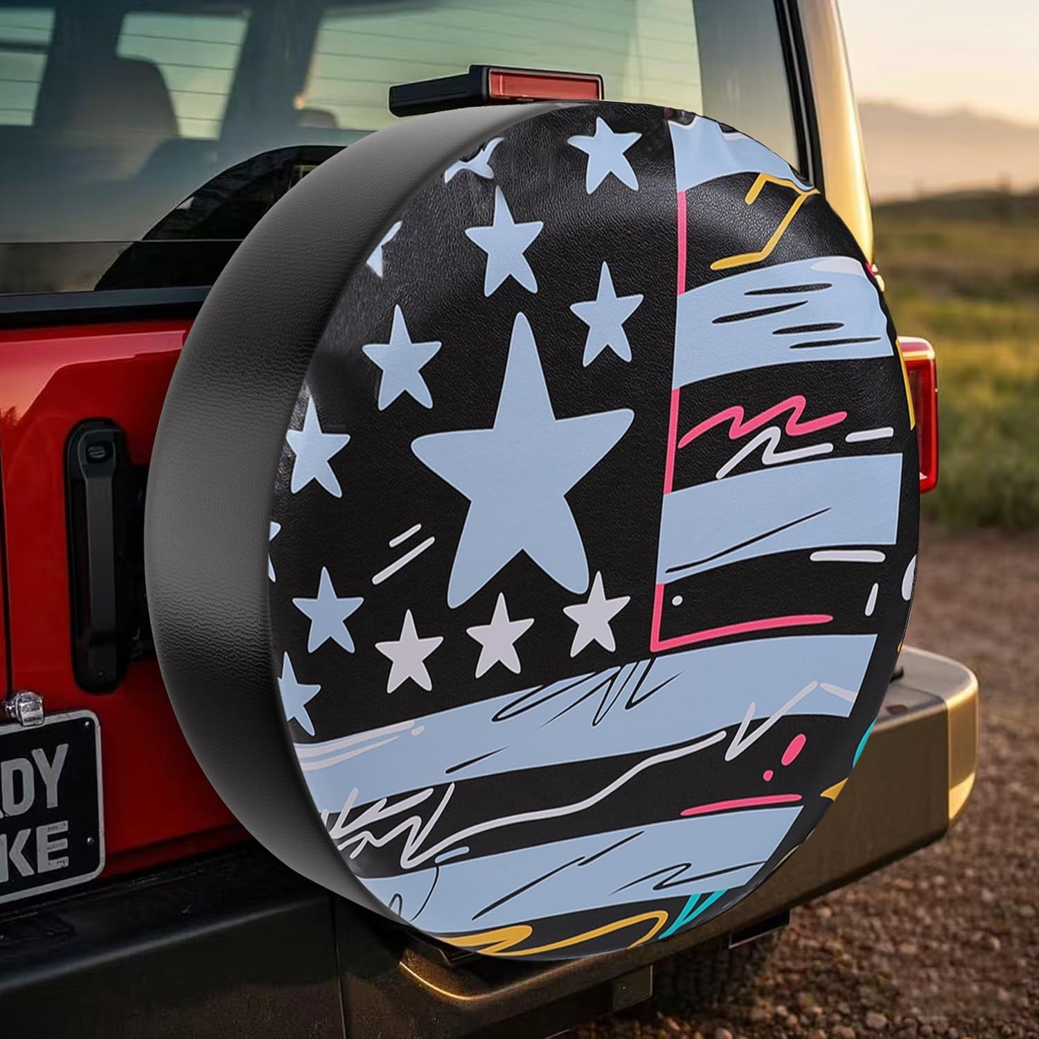 Moonet Spare Tire Cover for RV Trailer,SUV,Truck，Waterproof PVC Faux Leather Tire Cover with Flag Pattern,Tough Tire Wheel Soft Cover (Fit for Tire Diameter 24"-26")