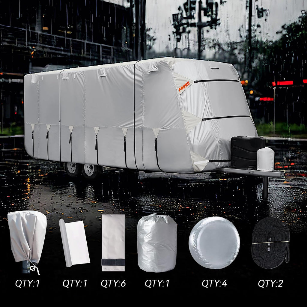 FRUNO Oxford Fabric Travel Trailer Cover RV Cover 27'-30' Waterproof Rip-Resistant Anti-UV Camper Cover for Winter Snow with Jack Cover 4 Tire Covers and Gutter Covers