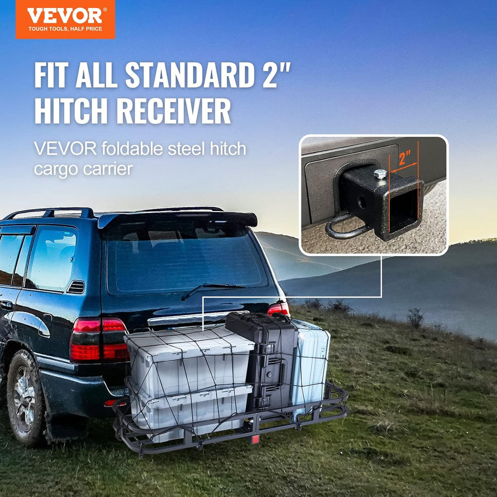 VEVOR 53 x 19 x 5 in Hitch Cargo Carrier, 500lb Capacity Trailer Mount Basket, Steel Luggage Carrier Rack Fits 2'' Receiver for SUV Truck Pickup with Net, Stabilizer, Straps, Black