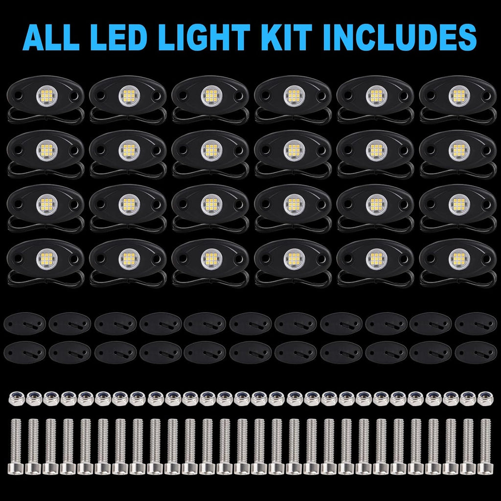 24 Pods White Led Rock Lights，Automotive General Under Body Neon Glow Led Pure Light Kit Ip68 Waterproof 3.8ft Extension Wires for Car Truck Boat Rv ATV Utv SUV RZR Motorcycle Trail Rig Lamp（White）
