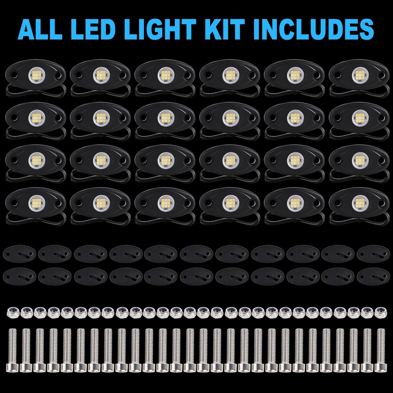 24 Pods White Led Rock Lights，Automotive General Under Body Neon Glow Led Pure Light Kit Ip68 Waterproof 3.8ft Extension Wires for Car Truck Boat Rv ATV Utv SUV RZR Motorcycle Trail Rig Lamp（White）