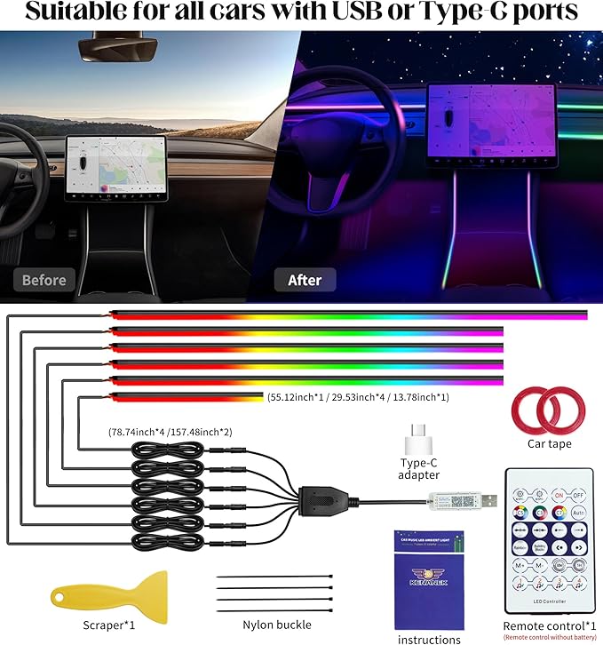 KENANEK Acrylic Interior Car LED Strip, 6 in 1 USB/Type C Interface Colorful - Image 3