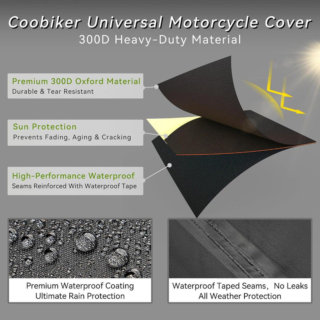 Motorcycle Cover 300D Waterproof Outdoor Night Reflective Breathable Vents All Season Rain Sun Dust Protection Universal Fit Powersports Vehicle Cover with Lock-Holes Fits up to 96.5"