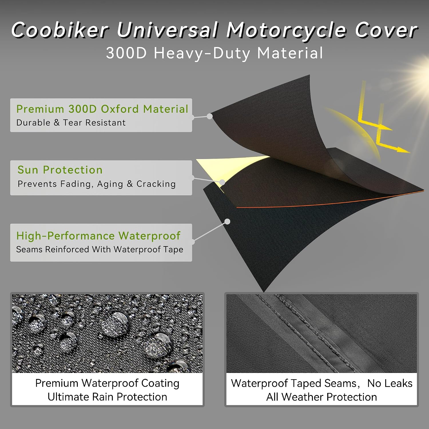 Motorcycle Cover 300D Waterproof Outdoor Night Reflective Breathable Vents All Season Rain Sun Dust Protection Universal Fit Powersports Vehicle Cover with Lock-Holes Fits up to 96.5"