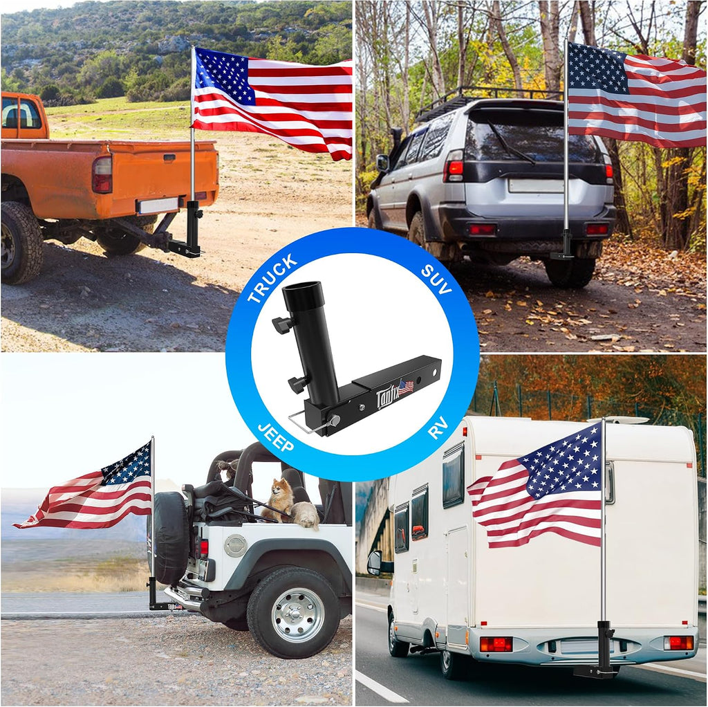 Foldable Hitch Mount Flagpole Holder | All Metal Heavy- Duty, Fits Standard 2" Trailer Hitch, Compatible with Jeep, Truck, SUV, RV, Pickup, Camper Trailer (ONE Flagpole)