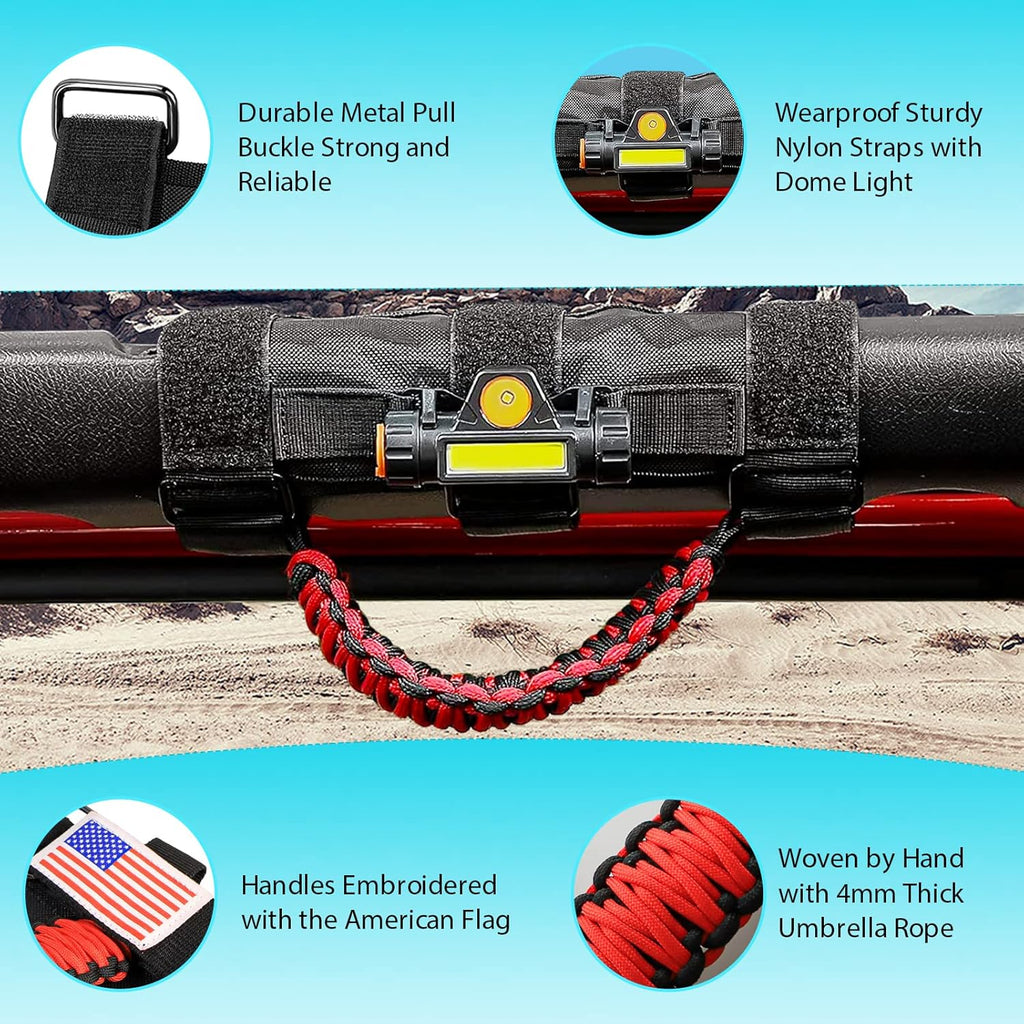 GAIZON 2 Pack Grab Handles Roll Bar Paracord for Jeep Wrangler Accessories Sahara Freedom Rubicon CJ YJ TJ JL JK LJ JLU JKU,Gladiator JT 1955-2023 Interior Accessory,Grip Handle with LED Light(Red)