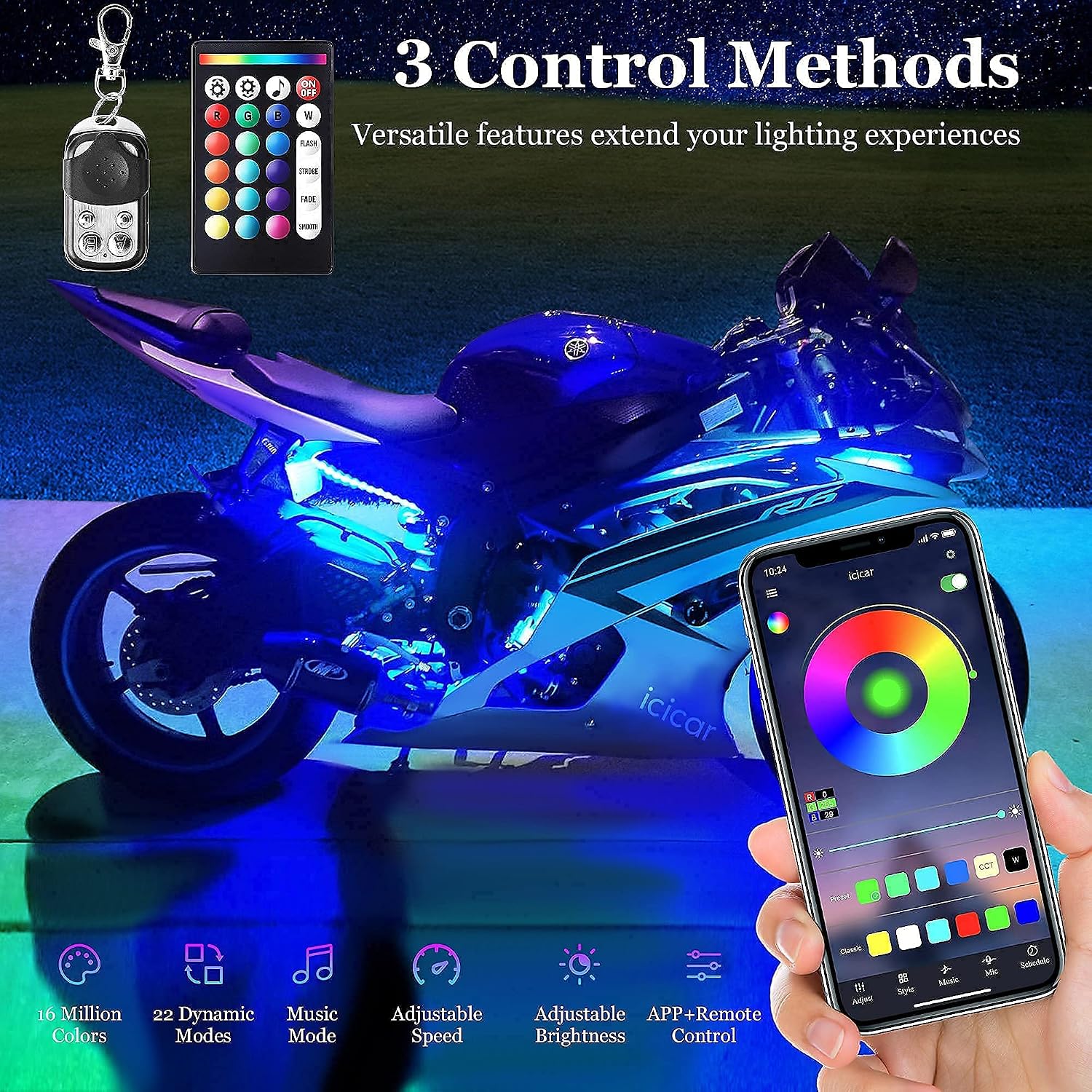 Motorcycle LED Underglow Kit, icicar 12 Pcs APP/RF Control Multicolor Motorcycle LED Light Kit with Brake Turn Signal, IP68 Waterproof & Music Sync Ambient Light for Motorcycles