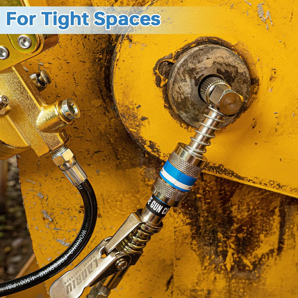 90 Degree Grease Gun Coupler, Heavy Duty Locking Grease Gun Adapter | 10,000 PSI High Pressure Right Angel Grease Gun Tips for Tight Spaces, Quick Release Lock, Upgraded 4-Jaw Design
