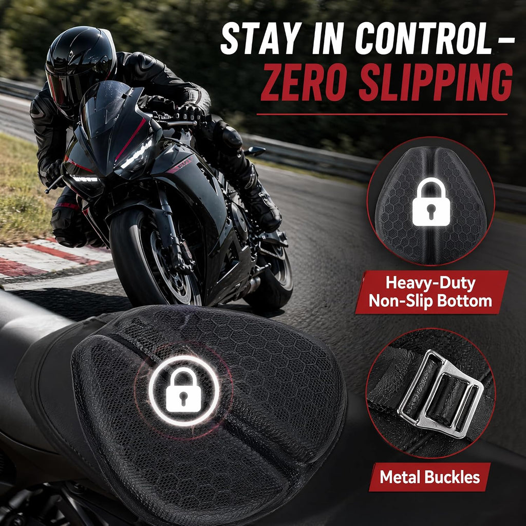 Hexrider Motorcycle Seat Cushion, 3D Honeycomb Cooling Gel Pad for Long Rides, Universal Non-Slip Shock Absorbing Seat Cover for Motorcycle Accessories, Foldable Breathable Cushion for Rider 1