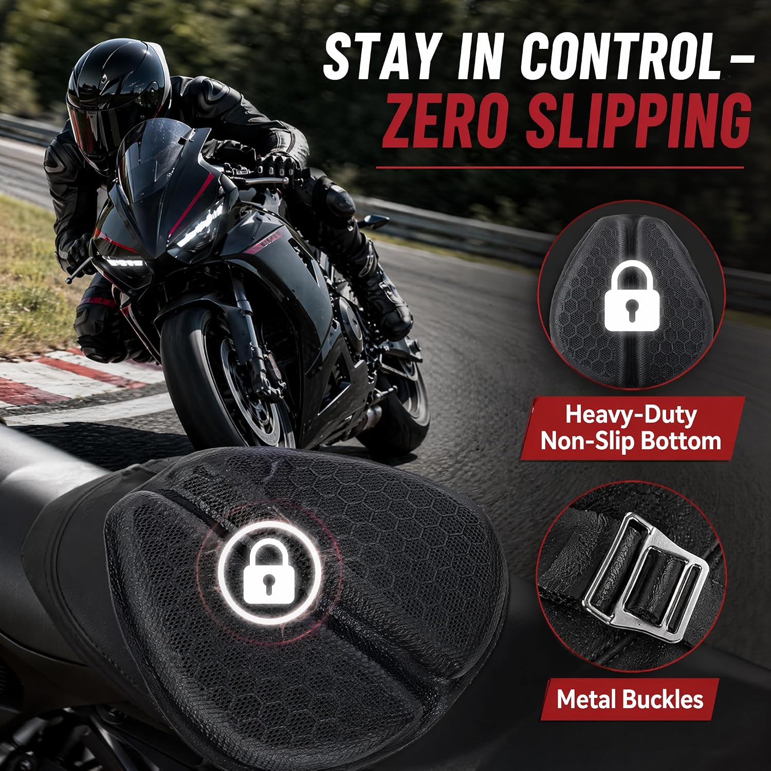 Hexrider Motorcycle Seat Cushion, 3D Honeycomb Cooling Gel Pad for Long Rides, Universal Non-Slip Shock Absorbing Seat Cover for Motorcycle Accessories, Foldable Breathable Cushion for Rider 1