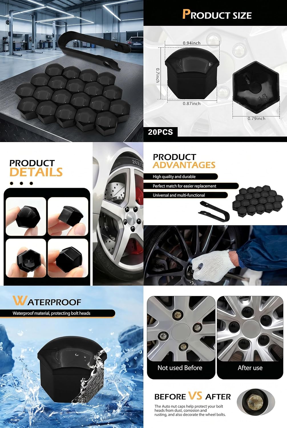 20 PCS Lug Nut Covers, 17mm Hex Lugnut Covers with Removal Tool, Plastic Wheel Nut Rim Protector, Dustproof Lug Nut Caps, Universal Bolt Covers for Cars SUVs (Black #17mm)