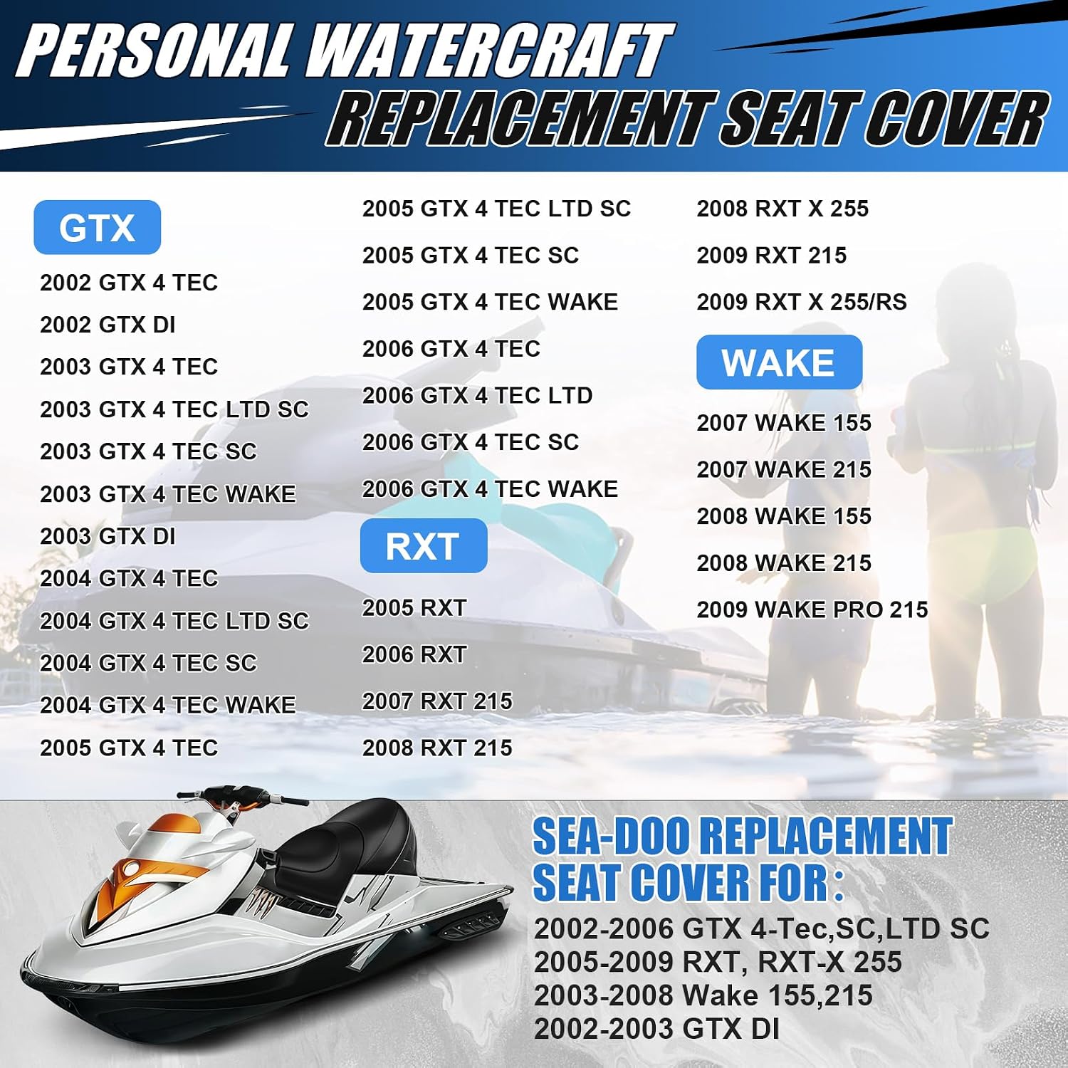 Seat Cover Replacement for SeaDoo 2002-2009 GTX 4-Tec, SC, LTD/RXT, RXT-X 215 255 / Wake 155 215 / GTX DI, High-Elasticity Black PU Leather, with Staple Remover & Installation Accessories
