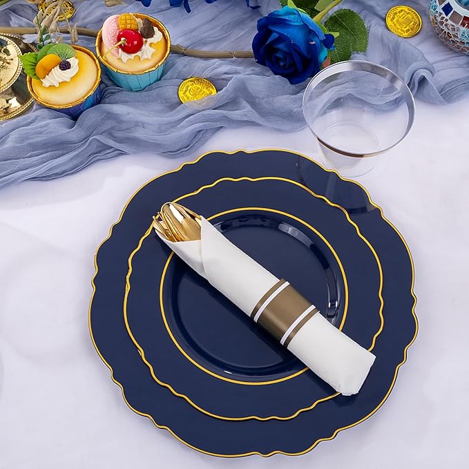 Liacere 350PCS Navy Blue Plastic Plates-Disposable Blue Gold Plates 50guest P...