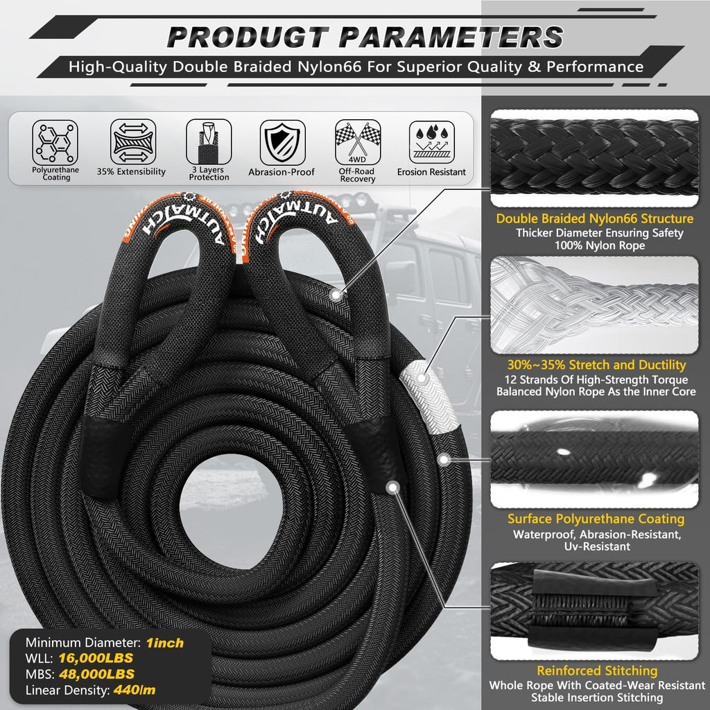 AUTMATCH Kinetic Recovery Tow Rope 1" x 30FT - Heavy Duty Energy Recovery Tow Rope 48000Lbs, 35% Elasticity Offroad Snatch Strap for 4x4 Off-Road Vehicle, Truck, Trailer, ATV, UTV, Black