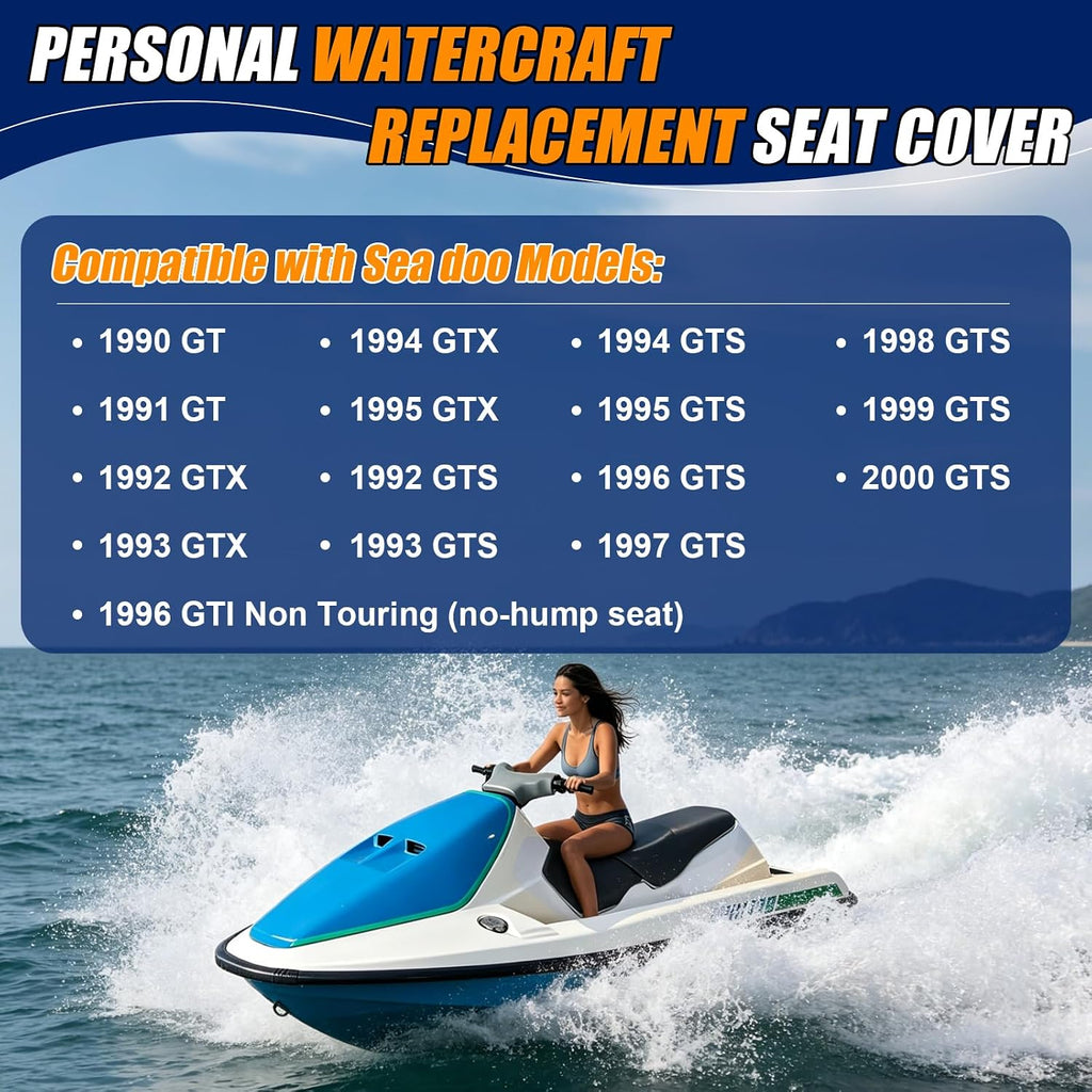 Seat Cover Fits for 1990-2000 SeaDoo GT/GTX/GTS/GTI | 3-Layer Custom Fit 1.2mm Faux Leather: Waterproof, Filter Inner, Tough Base. Staple Install (Basic Setup Kit Included)