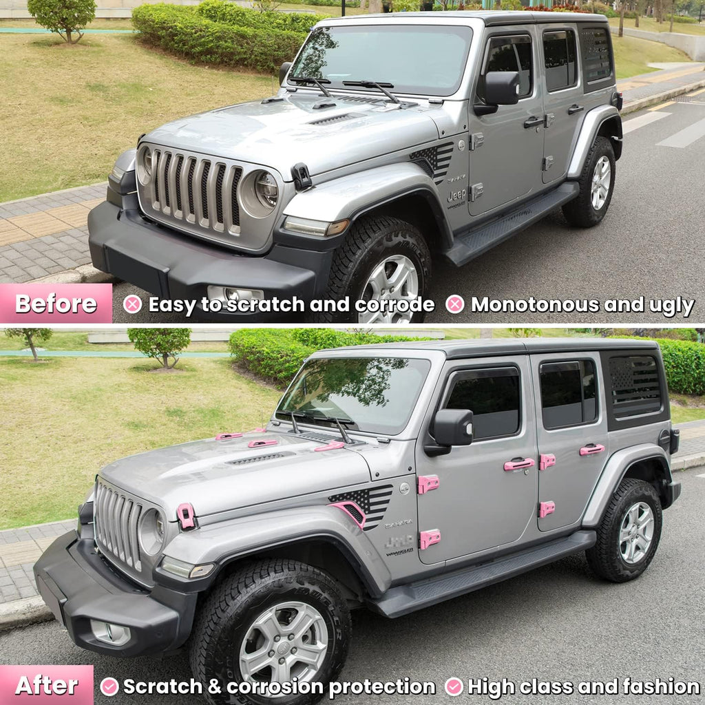 26PCS Full Set Exterior Decoration Trim Kit for Jeep Wrangler JL JLU 2018-2023 Door Hinge Handle Engine Hood Hinge Hood Latch Wheel Eyebrow Side Air Outlet Rear Tailgate Window Hinge Cover (Pink)