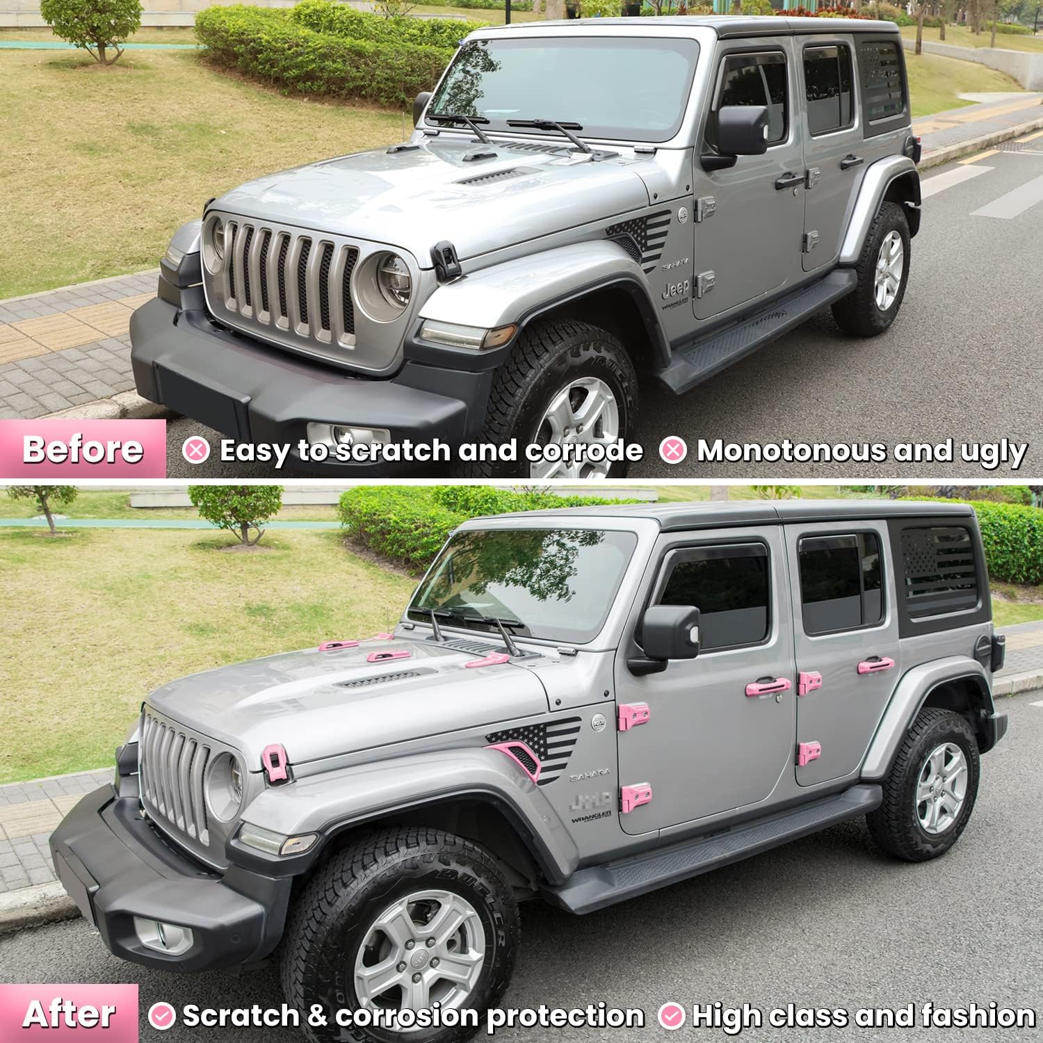 26PCS Full Set Exterior Decoration Trim Kit for Jeep Wrangler JL JLU 2018-2023 Door Hinge Handle Engine Hood Hinge Hood Latch Wheel Eyebrow Side Air Outlet Rear Tailgate Window Hinge Cover (Pink)