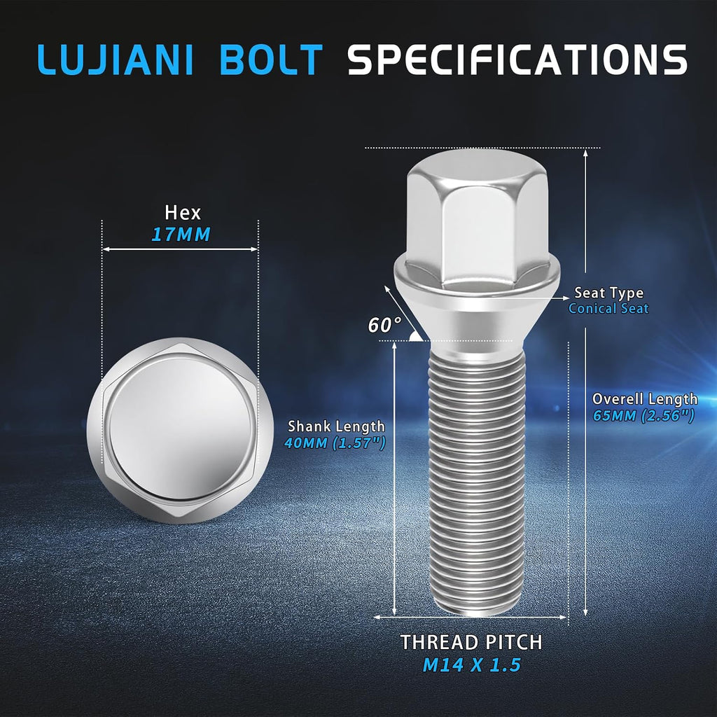 Chrome M14x1.5 Extended Wheel Lug Bolts, 10 Pack Lug Bolt, 40mm Shank Length, 17mm Hex Conical Seat, One-Piece Aftermarket ET Lug Studs Set Compatible with 2003-2010 X3(E83), 2000-2005 X5(E53)