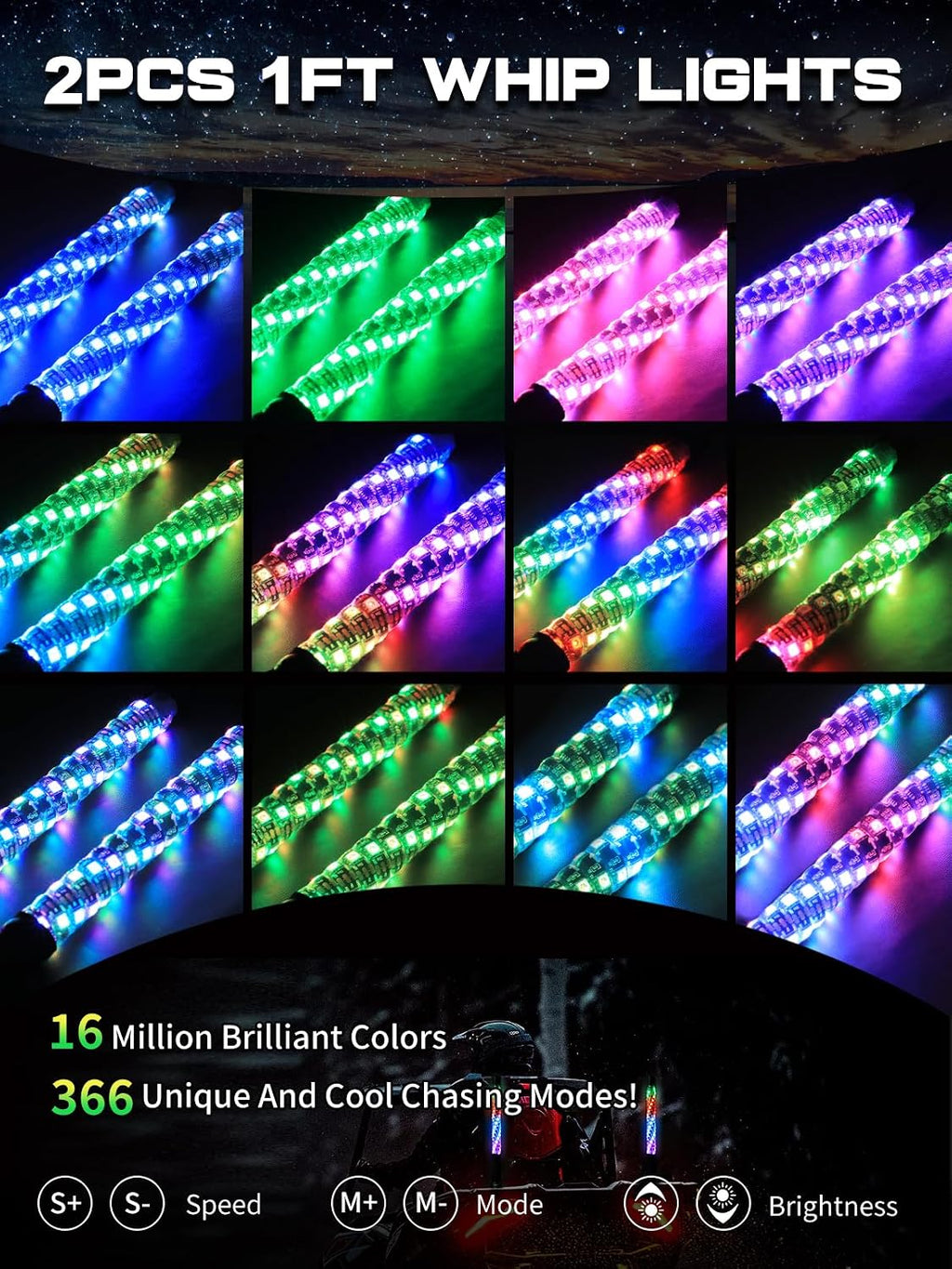 2 Pack 1FT Whip Lights with Spring Base, LED Whip Light with App & Remote Control, Spiral RGB Chasing Lighted Whips with Rocker Switch, Music Whip Light for UTV ATV