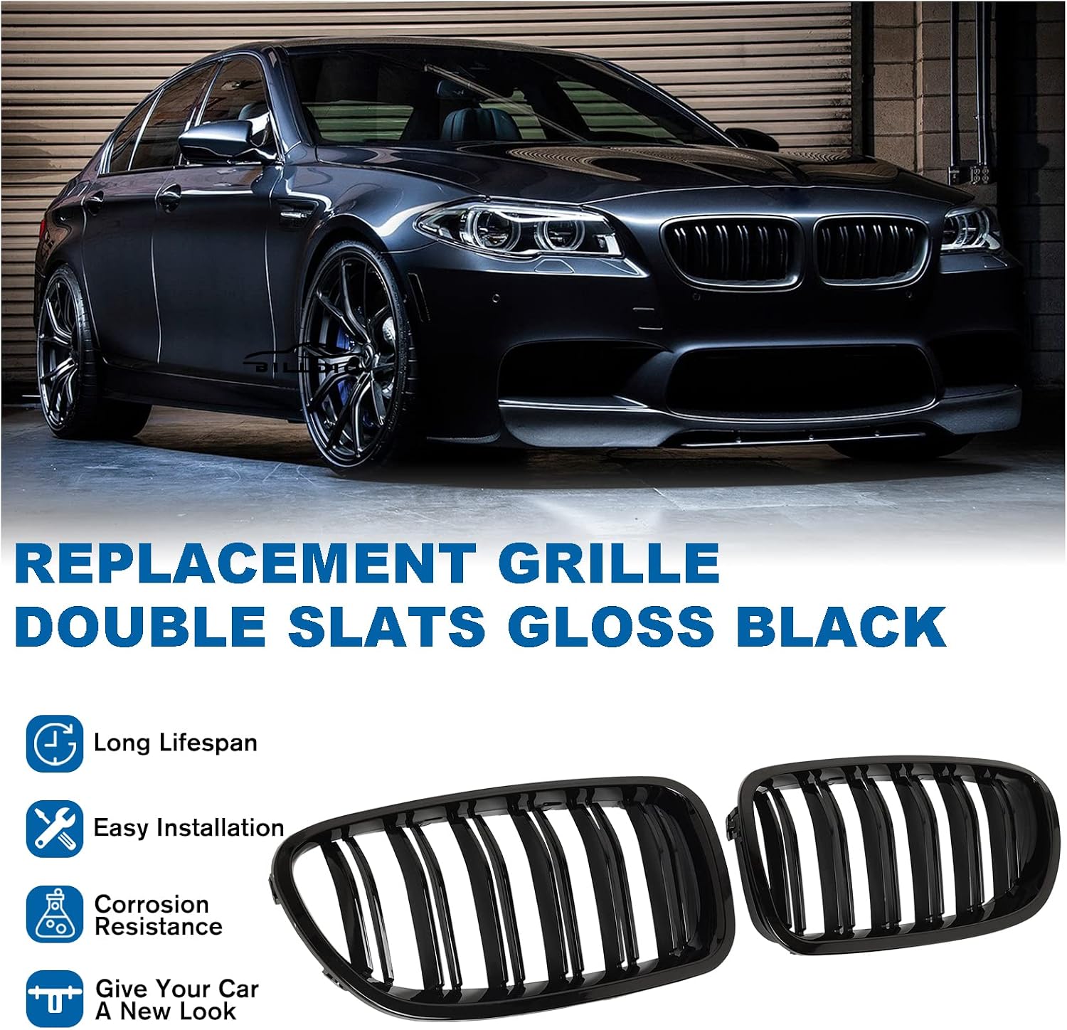 F10 Grille - Front Kidney Grille Double Slats Glossy Black Compatible with 2010-2017 BMW 5 Series F10 F11 F18 Sedan 520i 528i 535d 535i 550i 520i - ABS Gloss Black Kidney Grill