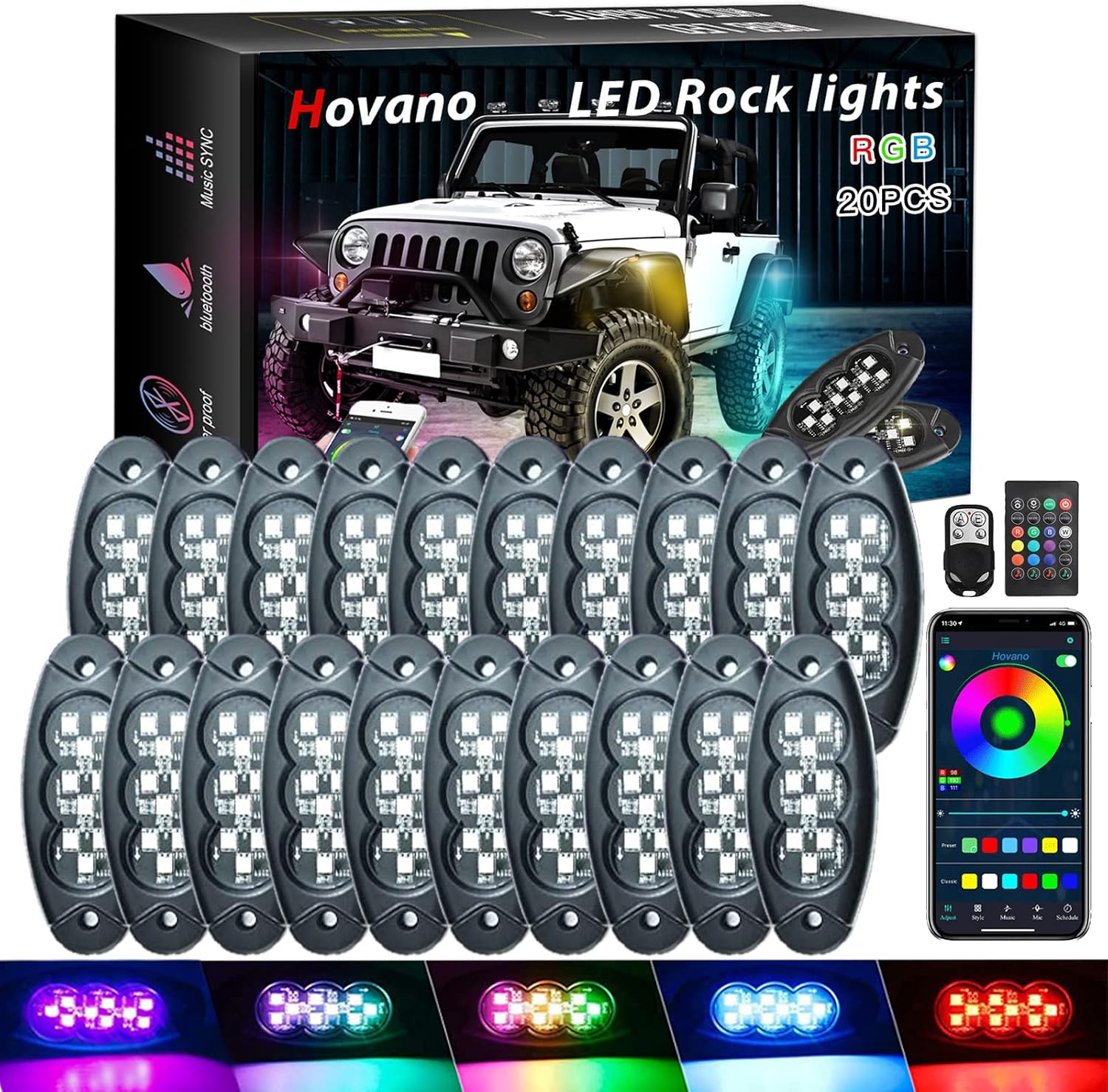 Hovano RGB LED Rock Lights, 20 Pods Waterproof Magic-RGB Multicolor Chasing Neon Underglow Music Lighting Kit with APP/RF Control for Jeep Off Road Truck Car ATV SUV RZR