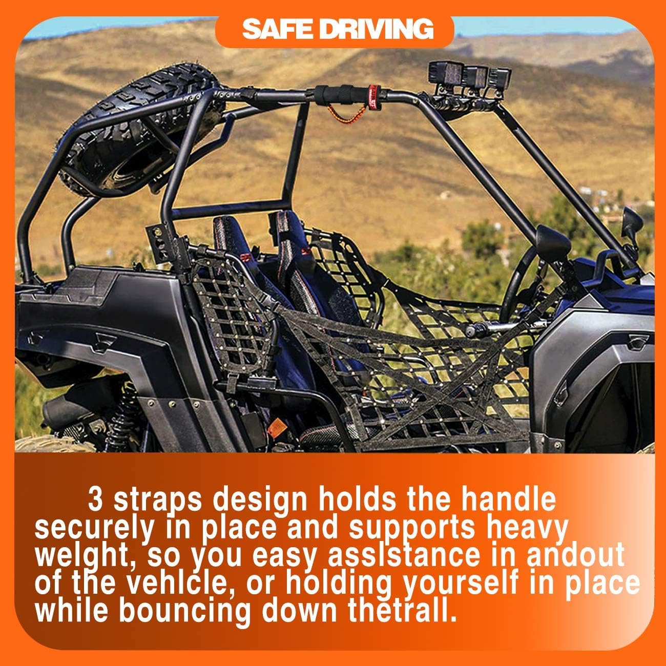 Roll Bar Grab Handles Grips Triple Straps for UTV ATV Polaris Ranger RZR XP900 1000 Honda Pioneer Talon Kawasaki Wildcat Yamaha YXZ Can Strap 1.75 to 2 Inch Bars 2PCS Orange