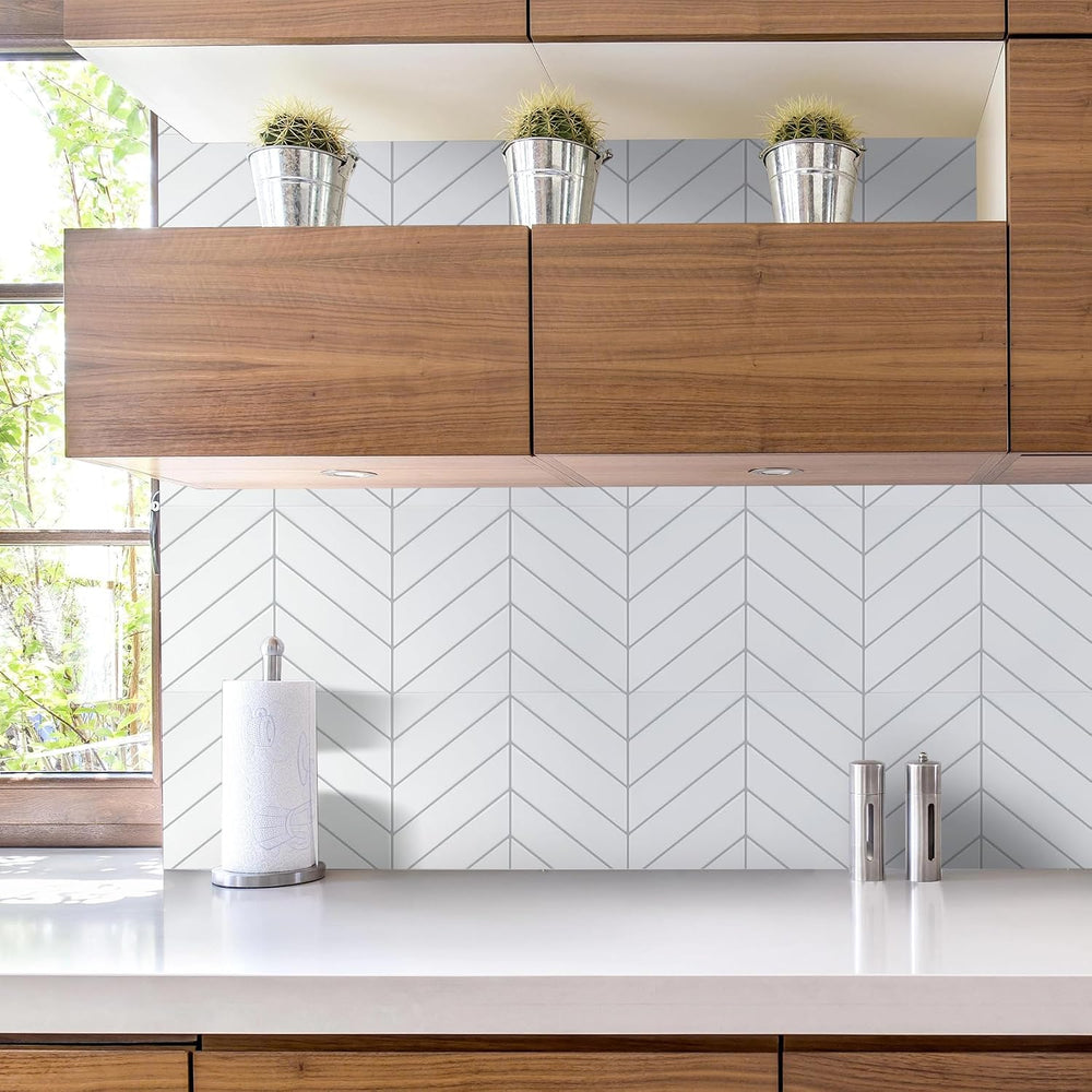 STICKGOO Herringbone Peel and Stick Backsplash, White/Grey Grout, 10 Sheets