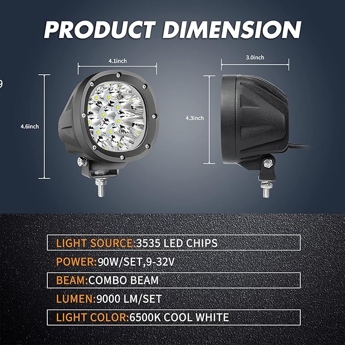 YCHOW-TECH 2PCS 4 Inch LED Fog Lights 90W White Round Offroad Light Bar Flood - Image 2