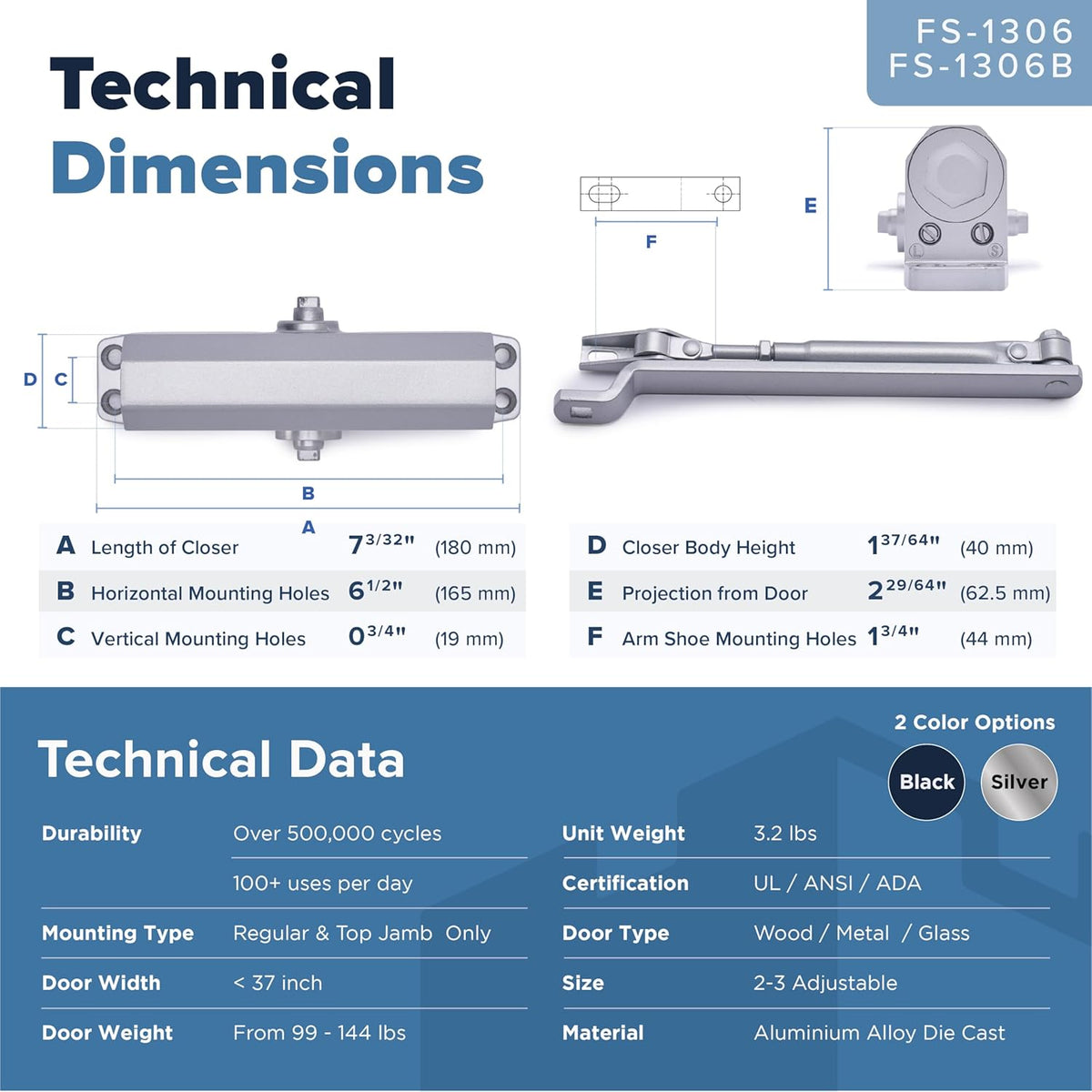 automatic door closer (silver), fs-1306 residential hydraulic auto on a desk or shelf