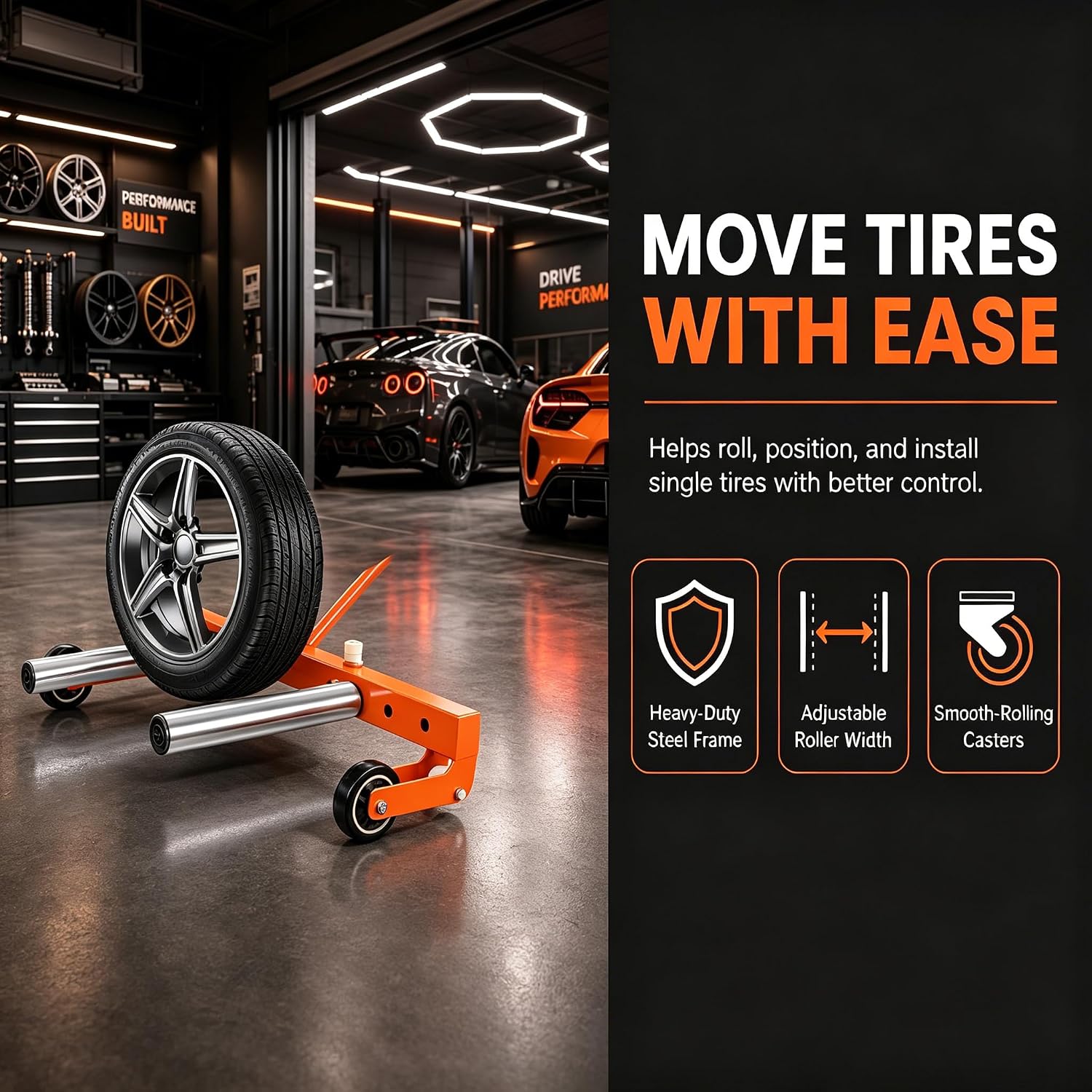Heavy Duty Adjustable Tire Wheel Dolly, 330LBS Capacity, 12"-24" Adjustable Width, 360° Rotatable Rollers for One-Handed Stud Alignment, Tire Dolly for Changing and Moving Semi Truck SUV ATV RV Tires