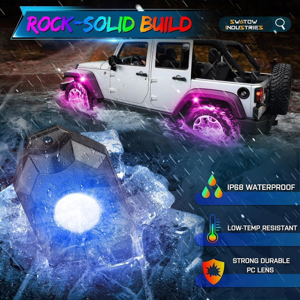 8 Pods Rock Lights w/Bluetooth & Wireless Remote Control LED Rock Light Kits Multicolor Underglow Wheel Well Lights for Truck Pickup Wrangler UTV ATV SUV Boat