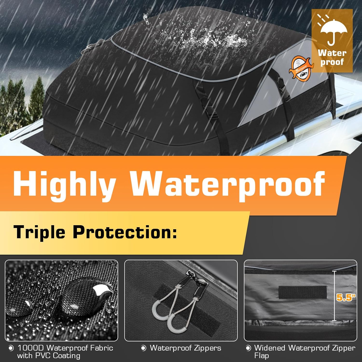 Sailnovo Soft Car Rooftop Cargo Carrier Roof Bag 20 Cubic Feet Waterproof Car Top Carrier, Fits Most Vehicle with/Without Rack, Include Anti-Slip Mat,6 Reinforced Straps,6 Door Hooks